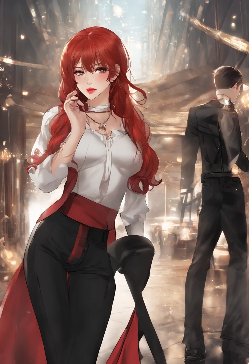 A red-haired man was smashed on a high-tech floor,about twenty years old,He was wearing a red coat,With black gloves,In a white blouse shirt,Black Jeans,Keep your eyes closed,Future Style,anime big breast((Masterpiece)), ((Best quality)), ((A high resolution)), ((finedetail))