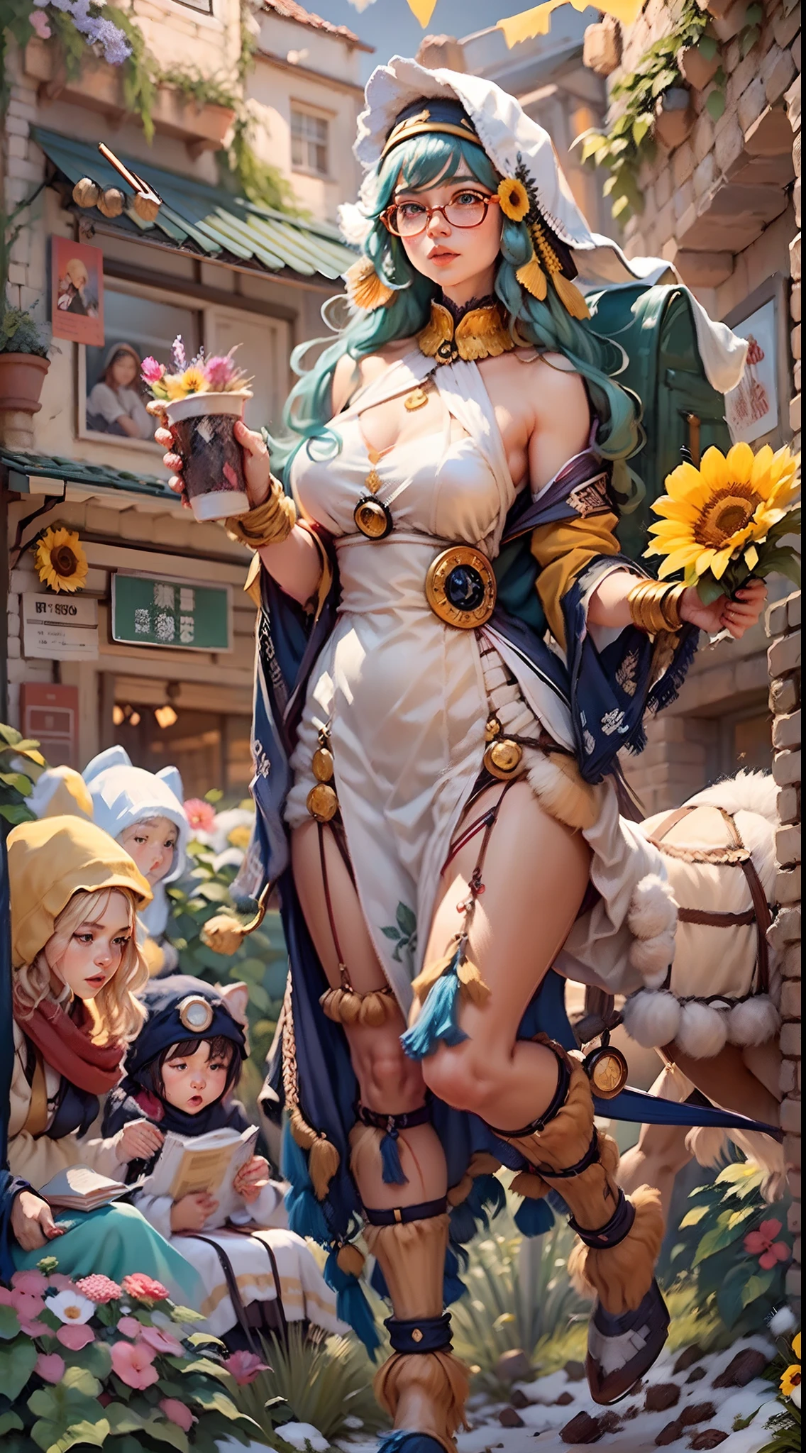 In a very grand scene，The extra-large wide-angle lens captures the appearance of a female centaur。She is a Sunflower Worship nun。She is tall，It has the ultimate curvy beauty，The muscles are slender and firm，Beautiful lines。She has（Super huge sky blue eyes：99.99），Always with sexy glasses。（She wears solemn nun attire：9.9），Stepping on a boot-style skyscraper-heel，A pink cross hangs from his chest。（In front of her is a knitted sunflower potted plant with a healing smile as an iconostasis：99.99）。Use Midjourney's advanced tools，Design noble and solemn nun costumes for female centaurs，and highlight her unique physiological characteristics and appearance details，Add realism。And in the context of her prayers and listening to confessions，Spectacular views of nature，Such as the sky where storms and sunny days alternate、Brilliant rivers of stars and auroras、The snow-capped summit of Mount Everest、Fireworks in the mountain town, etc。ao mesmo tempo，Away from the hustle and bustle next to the chapel，Create a fantastic scene。Use Midjourney's advanced tools and multiple color palettes、Brush Strokes、Texture tools and model packages，It shows a sense of atmosphere where beauty and charm coexist。The charm of the female centaur is highlighted through color and lines，Enhance realism with detailing，Create a surreal dreamy feeling。Additionally，Use Midjourney's tools to add various exorcism props and books to the female centaur、pergaminhos，Create intricate hairstyles and outfits，Give her a sense of premium。She never flinches，No matter what monster you encounter，can respond quickly，Even the most extreme armies of natural disasters and monsters could not stop her and her front（The only sunflower in the picture with the Tyndall effect exuding sunlight：999.9）。Use Midjourney's powerful tools，You can do it with incredible detail and beauty，Bring this ultra-grand and beautiful scene to life。Ultra-grand scenes，super wide shot， hdr，（真实感，Masterpiece quality，best qualtiy），