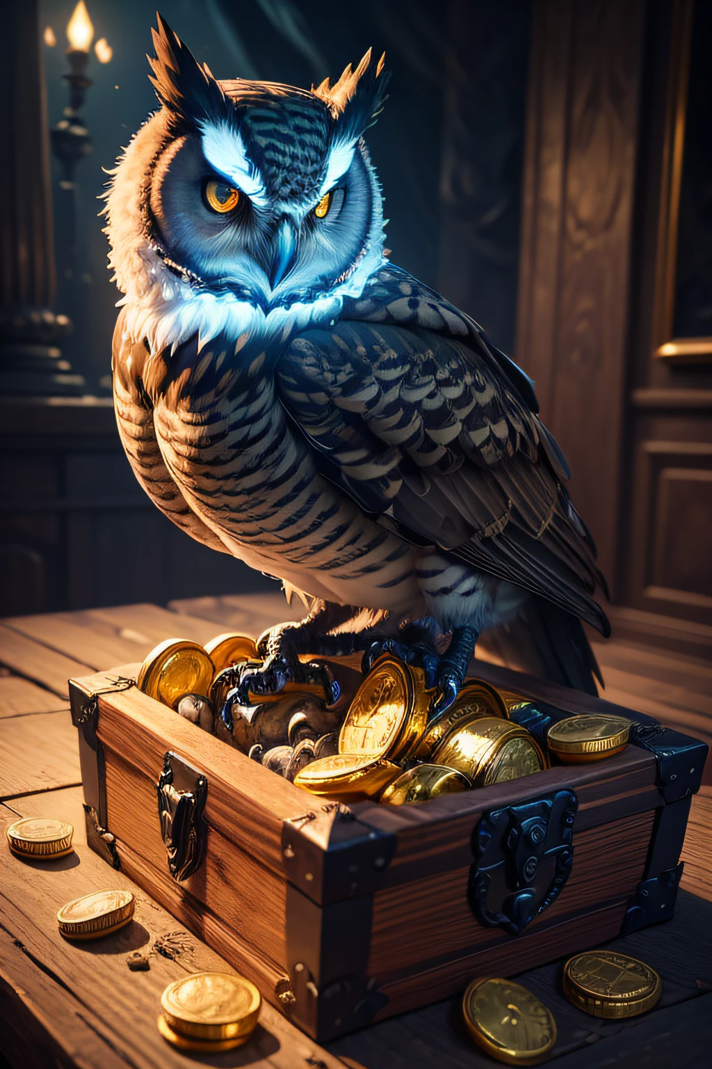 best quality,4k,8k,highres,masterpiece:1.2,ultra-detailed,(realistic,photorealistic,photo-realistic:1.37),dark fantasy,pirate style,owl on top of a treasure chest,animal,detailed owl with glowing eyes,fierce and majestic owl,ancient and mysterious treasure chest,cracked and weathered wood,gleaming gold coins and jewels,ominous and stormy atmosphere,ominous shadows and mist swirling around,gloomy and eerie lighting,rich and vibrant colors,enchanted moonlit backdrop