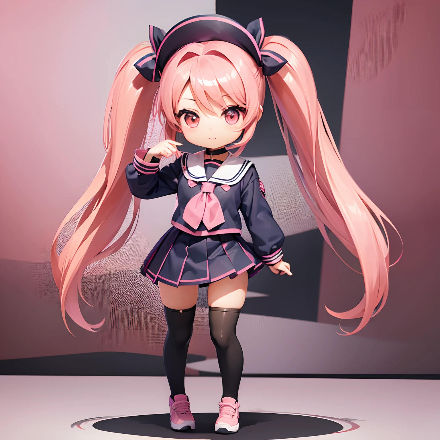Very cute and (Beautiful Chibi Anime Girl), Solo, Simple background, Beautiful twin tails*Pink* hair, Beautiful detailed *Pink* High School Uniform, Full body, Standing, high detailed face and *Pink* Eyes, Clearly outlined