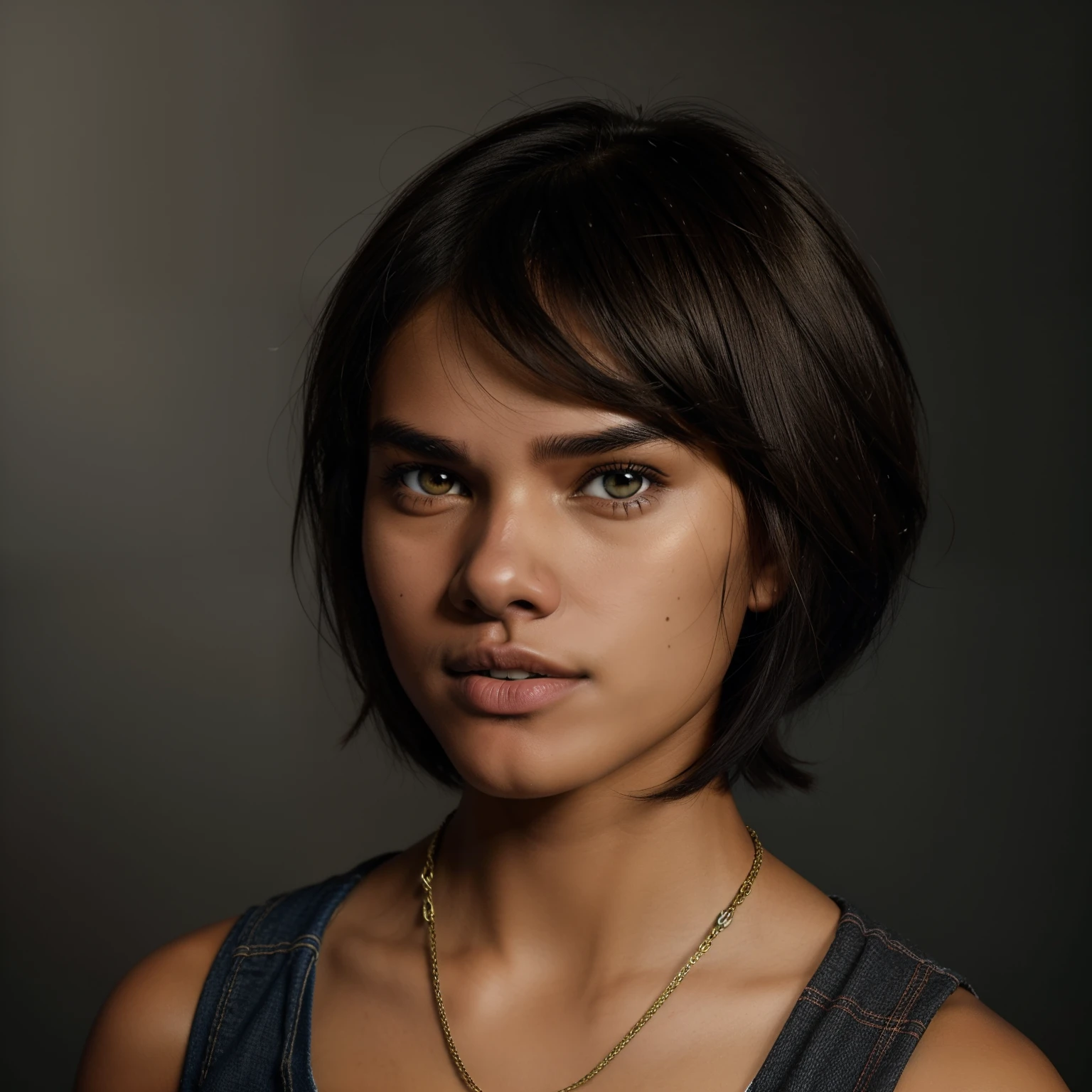 A Professional Photo Of An Indigenous Young Woman, ((Tupi Guarani Girl)), ((Tupinambá)), (21 Years Old), Tanned Skin Tone, ((Face Features Of Taylor Lautner)), ((Androgynous Face Features)), ((Bob Cut Hair)), Curly Black Hair, Flowy Hairstyle, Messy Hair, Pores, Realistic Skin, Brown Eyes, Wearing Makeup, Wearing Streetwear Clothing Style, ((Tomboy Clothing Style)), Studio Background, 90s Style Photography, Mugshot, Face Focused