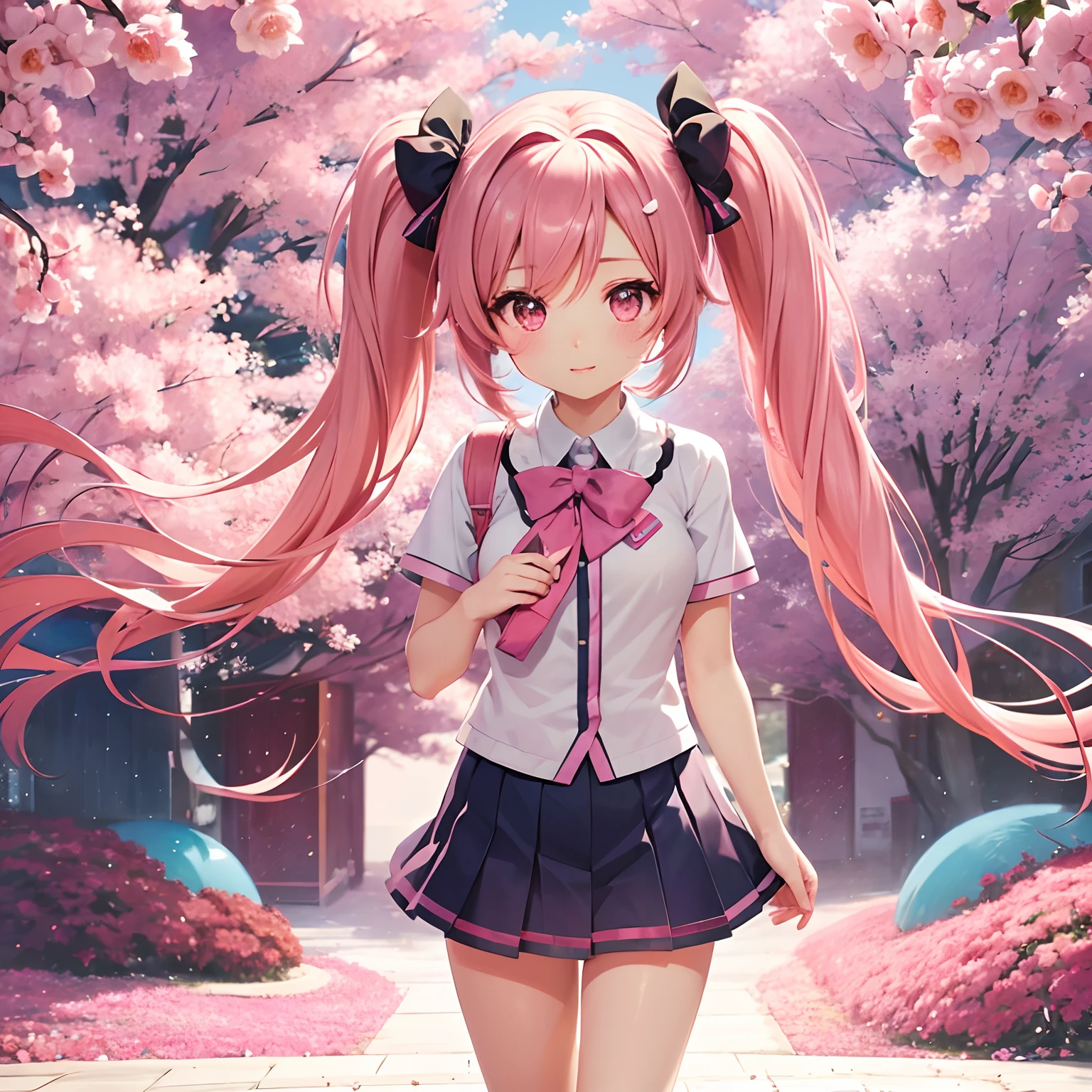 Very cute and (Beautiful Chibi Anime Girl), Solo, Simple background, Beautiful twin tails*Pink* hair, Beautiful detailed *Pink* High School Uniform, Full body, Standing, high detailed face and *Pink* Eyes, Clearly outlined