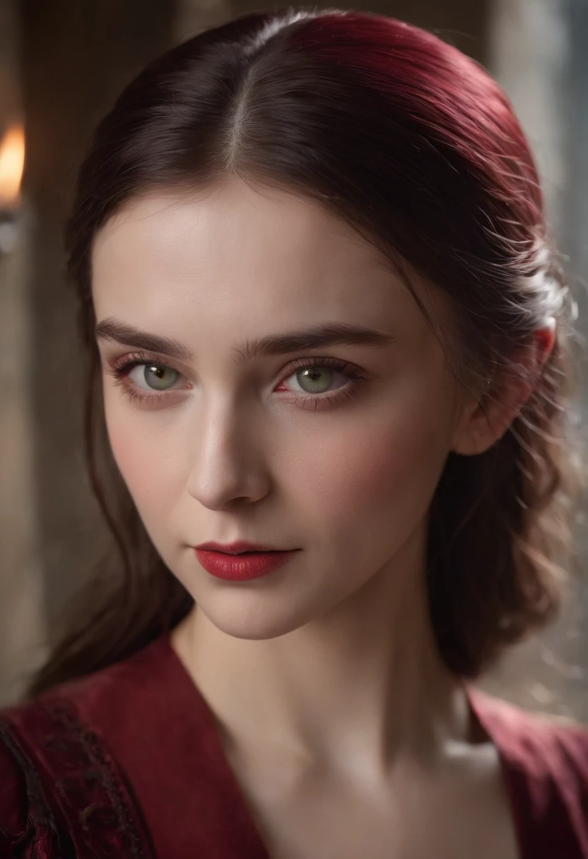 (((A deep red wound streaked across her left cheek))) Fair complexion, A woman around 19 years old, Natural gray hair, Unique green eyes, Wear Cole, Slender and graceful, Beautiful, Candlelight in a medieval setting, super sharp focus, realistic lens, Medieval women's clothing, Four colors (Scar:1.4)