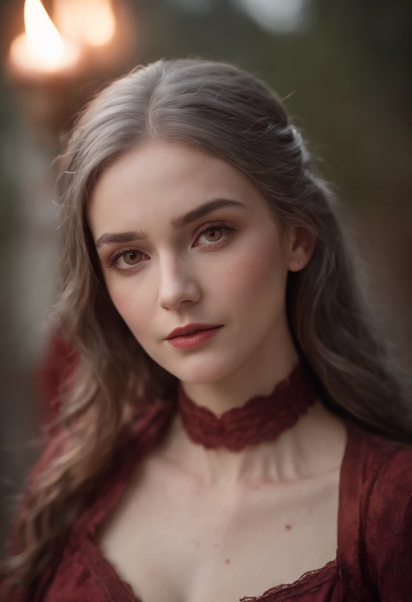 (((A deep red wound streaked across her left cheek))) Fair complexion, A woman around 19 years old, Natural gray hair, Unique green eyes, Wear Cole, Slender and graceful, Beautiful, Candlelight in a medieval setting, super sharp focus, realistic lens, Medieval women's clothing, Four colors (Scar:1.4)