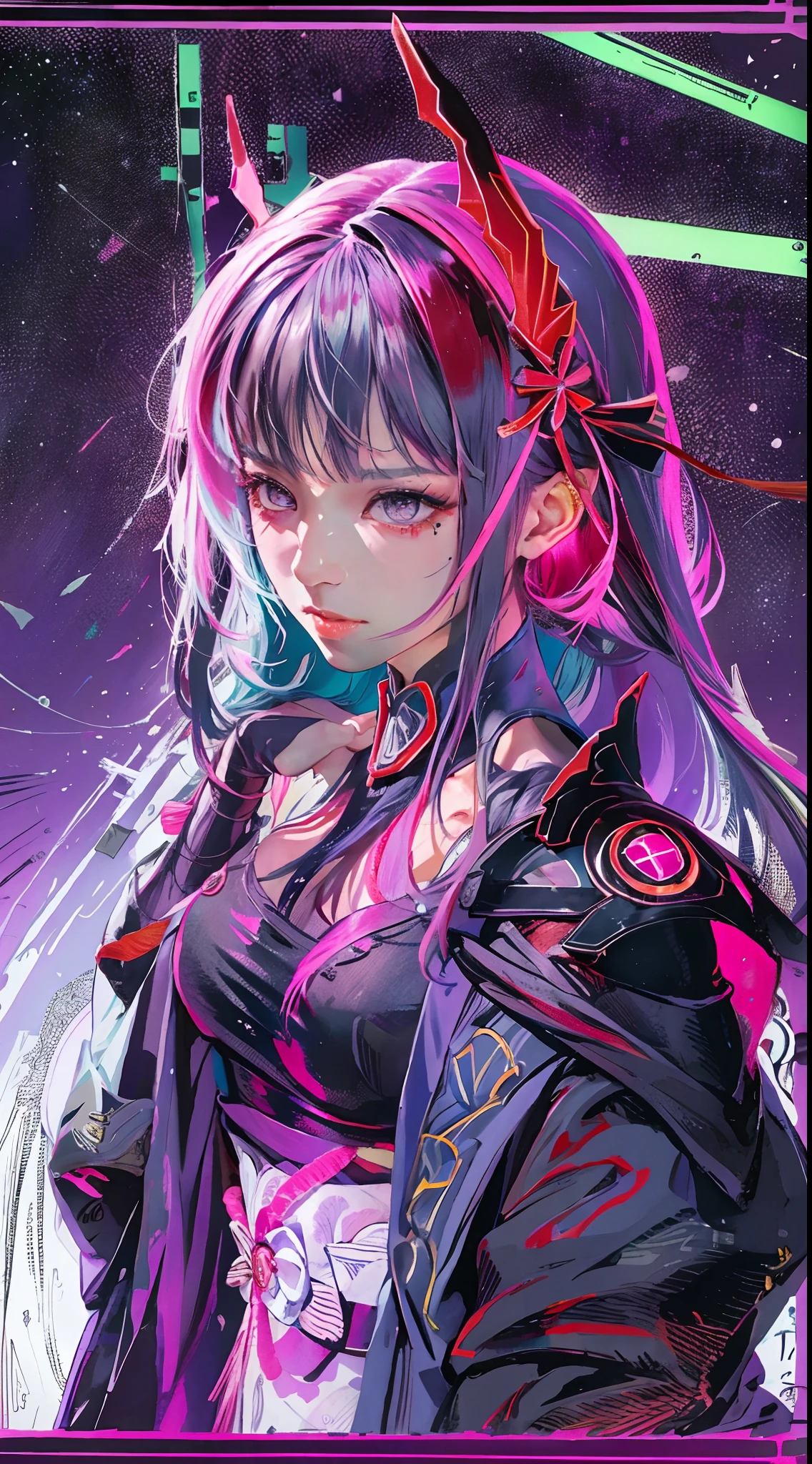 Raiden shogun \(genshin impact\), 1girl,  hair scrunchie, hime cut, purple hair, colored tips, full moon, grey eyes, jacket, long sleeves, looking at viewer, medium hair, multicolored hair, parted bangs, parted lips, pink hair, portrait, red eyeliner, red lips, solo, white jacket, rainy night in a cyberpunk city with glowing neon lights