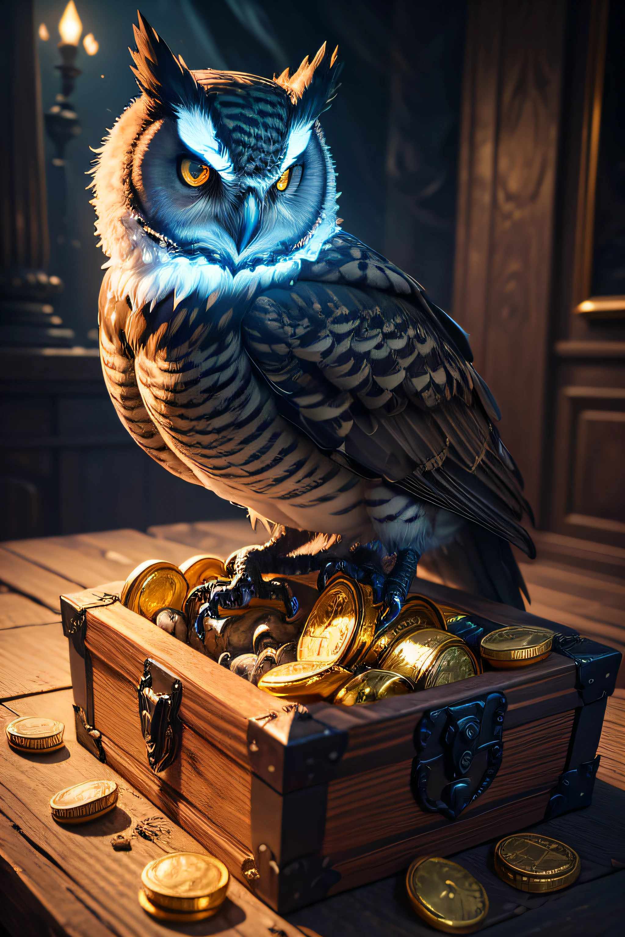best quality,4k,8k,highres,masterpiece:1.2,ultra-detailed,(realistic,photorealistic,photo-realistic:1.37),dark fantasy,pirate style,owl on top of a treasure chest,animal,detailed owl with glowing eyes,fierce and majestic owl,ancient and mysterious treasure chest,cracked and weathered wood,gleaming gold coins and jewels,ominous and stormy atmosphere,ominous shadows and mist swirling around,gloomy and eerie lighting,rich and vibrant colors,enchanted moonlit backdrop