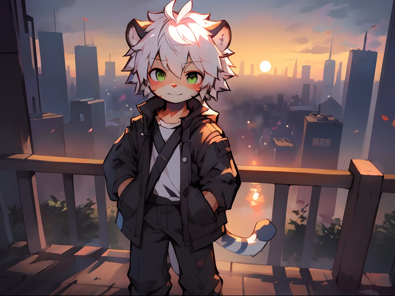 Shota，White color hair ，male people，Q version，（ddlers，abadolable， standing on your feet， Master masterpieces， A high resolution，8K，detailedbackground，high high quality，Libido boy，（（（独奏，solo person，1boy））），(railing，A little aned against the railing，Behind the railing is the city，Look out into the far side of the city)，looking at viewert，angle of view，From above，baiyun，（Warm light source：1.2），upper sky，White bird，setting sun，((author：Puinki,By Artists:1.2),(author：Unreal Land,author：Sumi Kuroi,author：Milk Tiger 1145,author：Morkey,(author：Xia Huaiting:0.8),(by Pino Daeni:0.8)