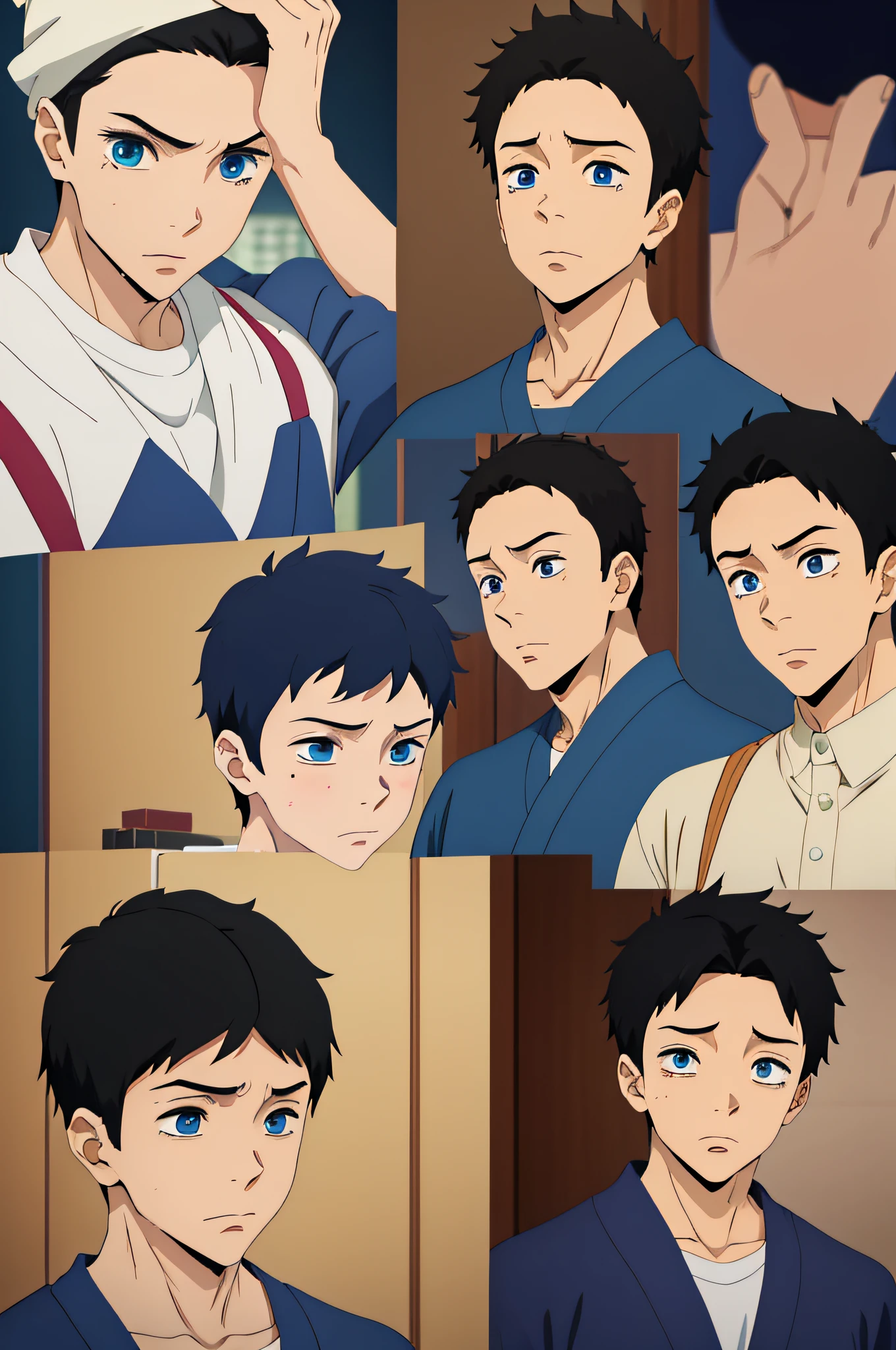 boy, , anime, with short dark hair, blue eyes, young age, character sheet, different poses,
embarrassed