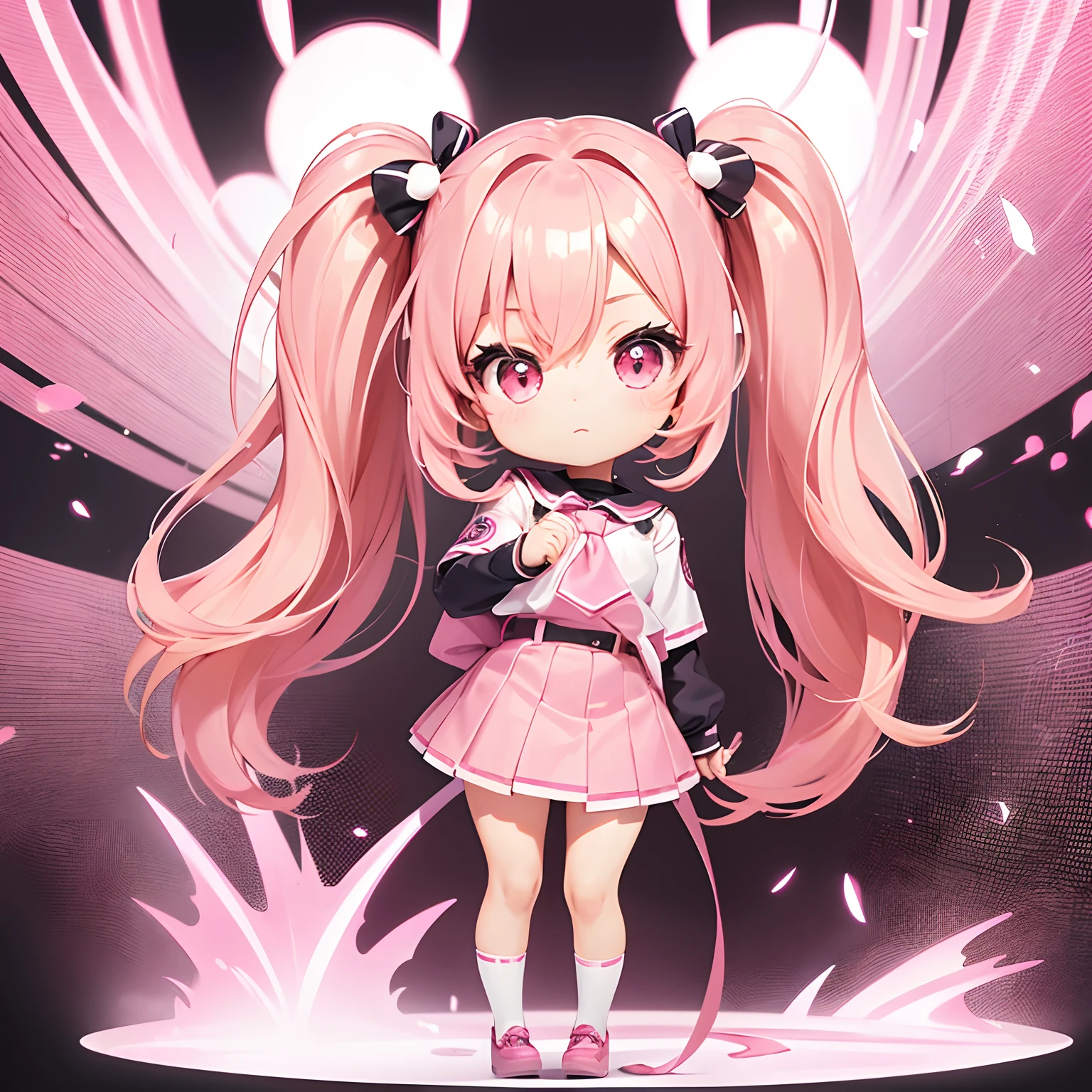 Very cute and (Beautiful Chibi Anime Girl), Solo, Simple background, Beautiful twin tails*Pink* hair, Beautiful detailed *Pink* High School Uniform, Full body, Standing, high detailed face and *Pink* Eyes, Clearly outlined