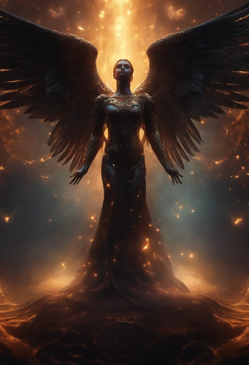 (best quality,4k,8k,highres,masterpiece:1.2),ultra-detailed,(realistic,photorealistic,photo-realistic:1.37),Cosmic Fallen Angel,black wings,Ebony skin,glowing light eyes,Biomechanical,eerie,Creepy,nightmarish,Very bright colors,Light particles,with light glowing,Mshiv,wallpaper art,UHD wallpaper