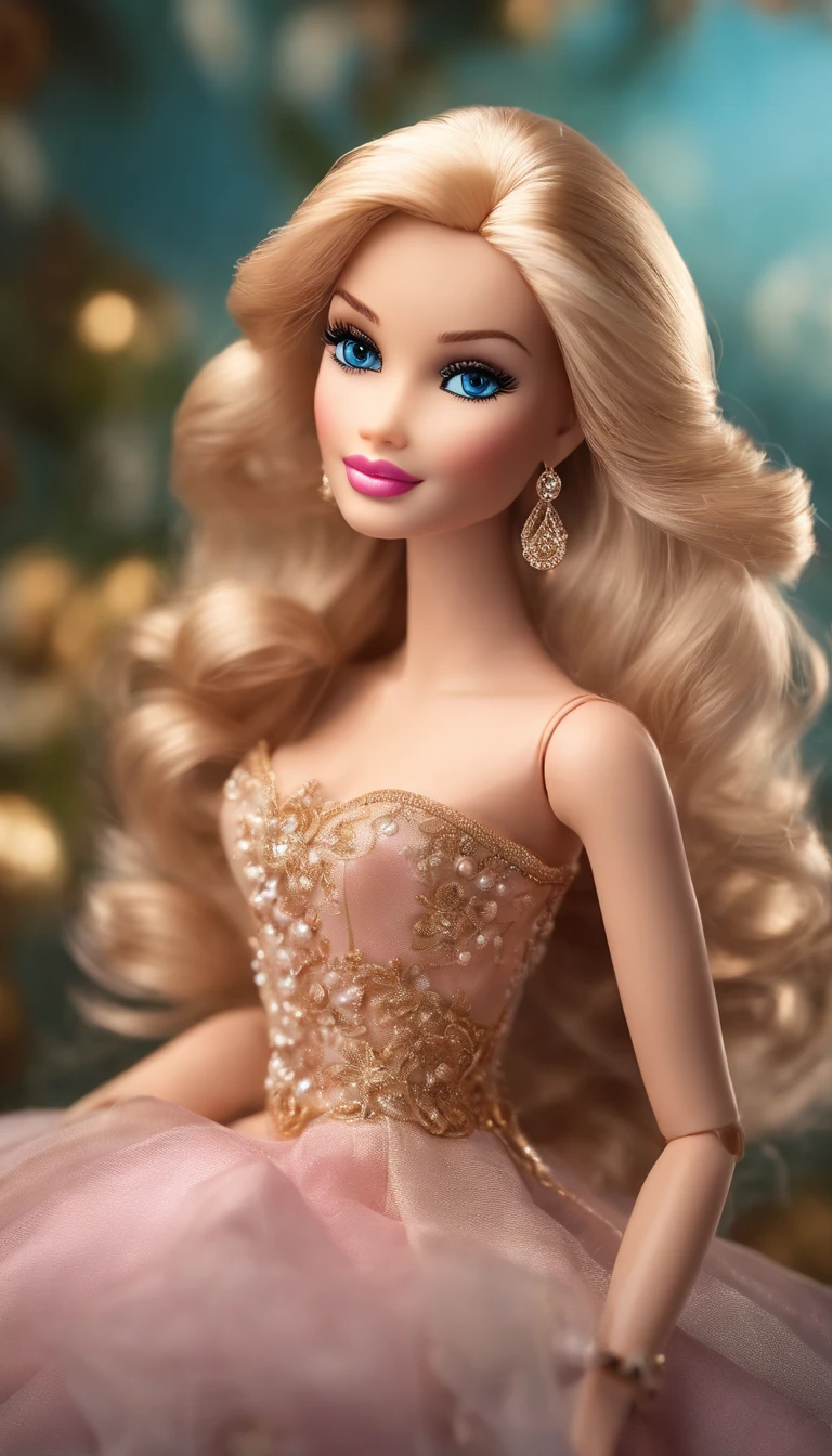 "A bright and captivating portrait of Barbie with impeccable detail, Capture her elegance and charm in high-resolution CGI. shining hair,immaculate, The doll is distinguished by stylish clothes, Stunning blue eyes, Perfect Style. Soft lighting enhances its beauty, And the flash adds a touch of magic. The action takes place against a fantastic background,Full of pastel colors and delicate colors, The composition creates a whimsical and mesmerizing atmosphere.+"