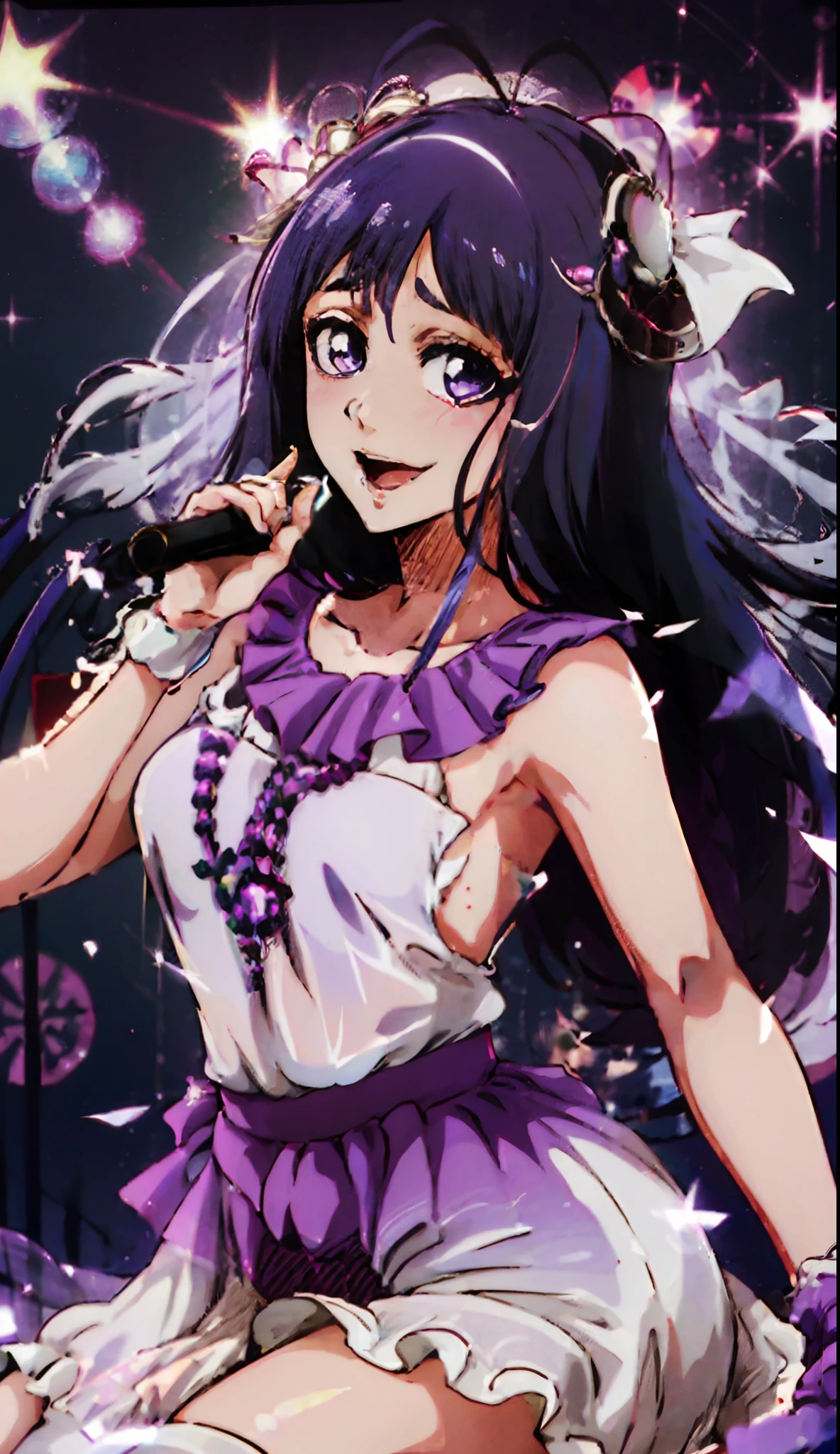 （1 Girl: 0.6) Giselle Gewelle, girl with short hair and purple dress holding microphone, purple albedo, anime moe art style, (movie quality: 0.3), anime girl, singer, purple eyes, magical girl, zero sauce art, magical girl anime majo, white shirt, purple short hair, (stockings), (stars), (delicate facial features: 0.6), head decoration, (delicate hands: 0.9), white dress, (big eyes: 0.5), singing, smiling, stage lighting, standing, singing, high heels, (pattern decoration on head), normal head, (tall long legs: 0.8), (purple long hair: 0.5), (shawl scattered), (diamond shine: 0.9), sitting on stage, subtitles, (purple gloves: 1.6)