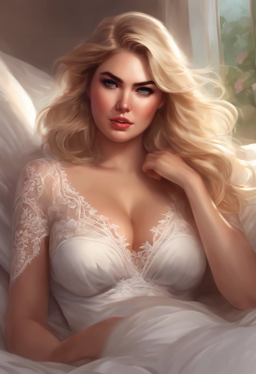 full body, 2D digital painting of Kate Upton, wearing white lace outfit, crouching in a bed, full intimate setting, by artgerm lau rossdraws elegant highly detailed digital painting artstation pixiv