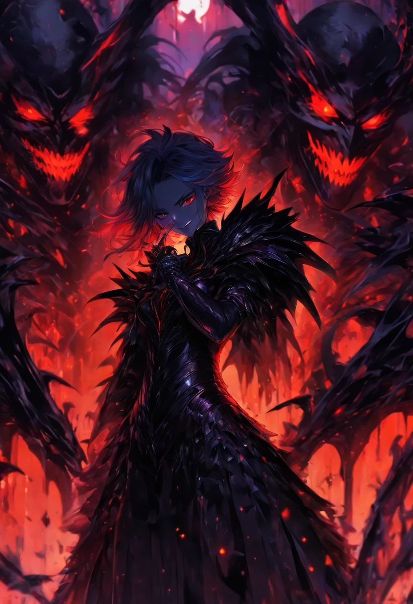 Handsome Girl, Black leather suit, Membranous wings , Girl drinks a glass of black blood, Evil smile, Dark Metal Throne, a throne.