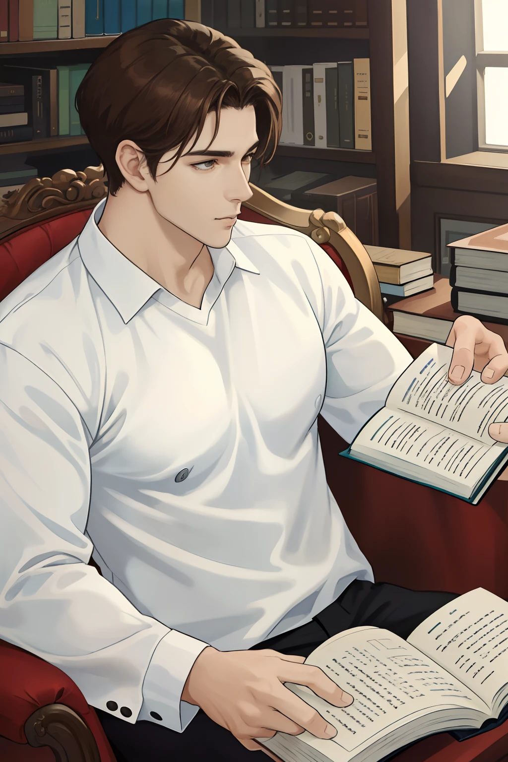 ​masterpiece, top-quality, 1male people, Men's Focus, a handsome, [thick eyebrow], portraitures, extra detailed face, Brown hair,white  shirt,Reading a book in the study,Anime style