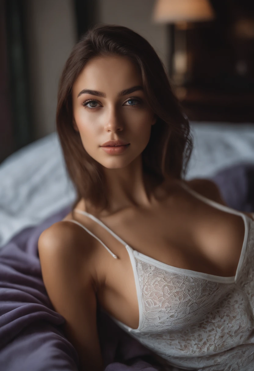 Alafed woman with white tank top and necklace, Sexy girl with brown eyes, Portrait Sophie Mudd, brown hair and large eyes, selfie of a young woman, bedroom eyes, Violet Myers, without makeup, Natural makeup, Looking directly at the camera, face with artgram, subtle makeup, Stunning full-body shots, Thai
