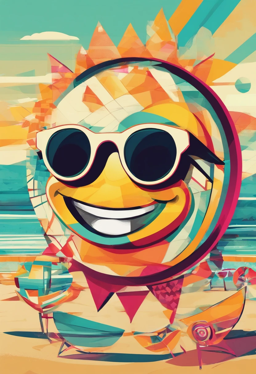Create an image of a smiley face with sunglasses chilling on a sunny beach. Use bright colors to bring out the summer vibes! 😎🌴🌞