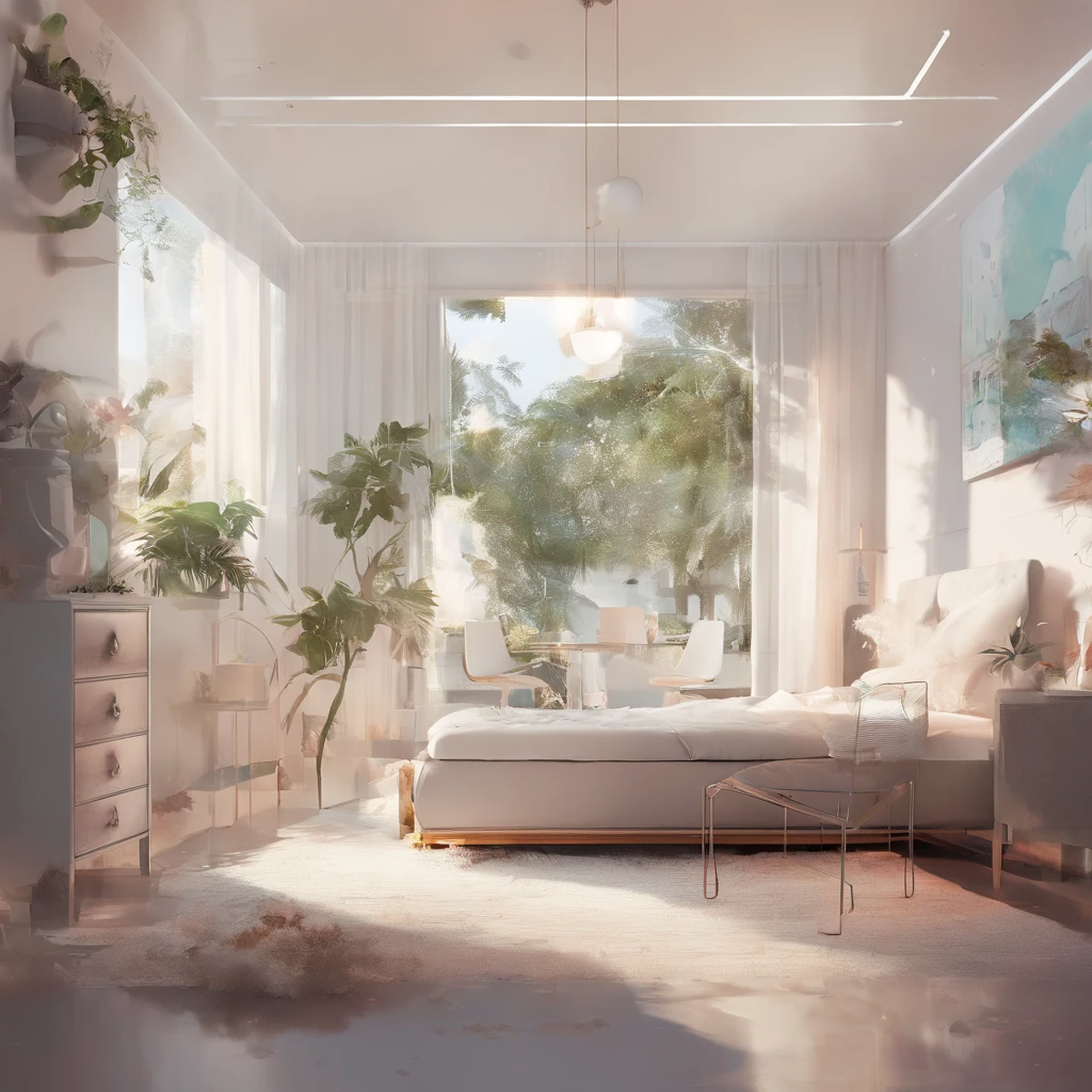 Quarto branco puro,Ambiente meticuloso,uma pessoa no escritorio refletindo