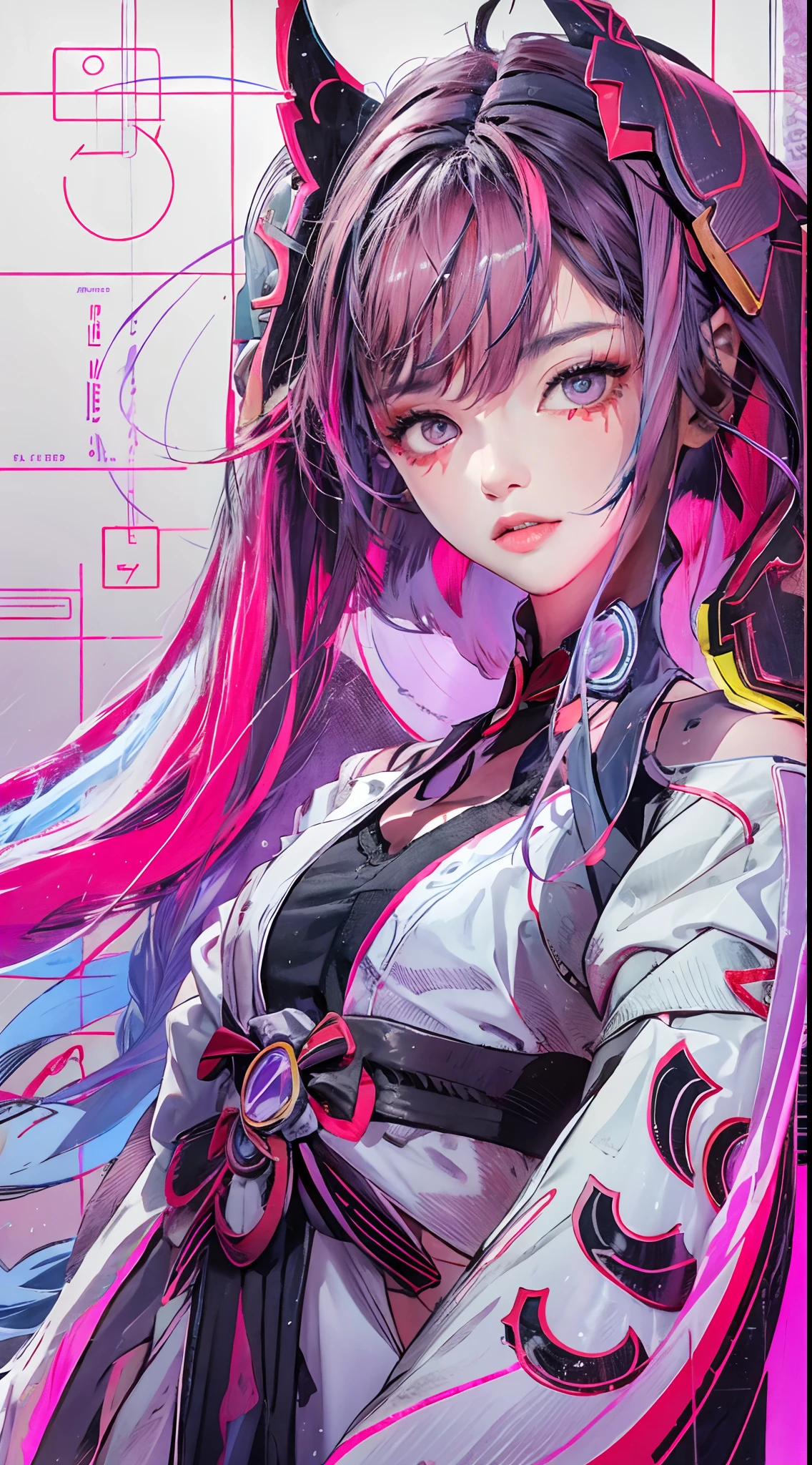 Raiden shogun \(genshin impact\), 1girl, hair scrunchie, hime cut, purple hair, colored tips, full moon, grey eyes, jacket, long sleeves, looking at viewer, medium hair, multicolored hair, parted bangs, parted lips, pink hair, portrait, red eyeliner, red lips, solo, white jacket, rainy night in a cyberpunk city with glowing neon lights