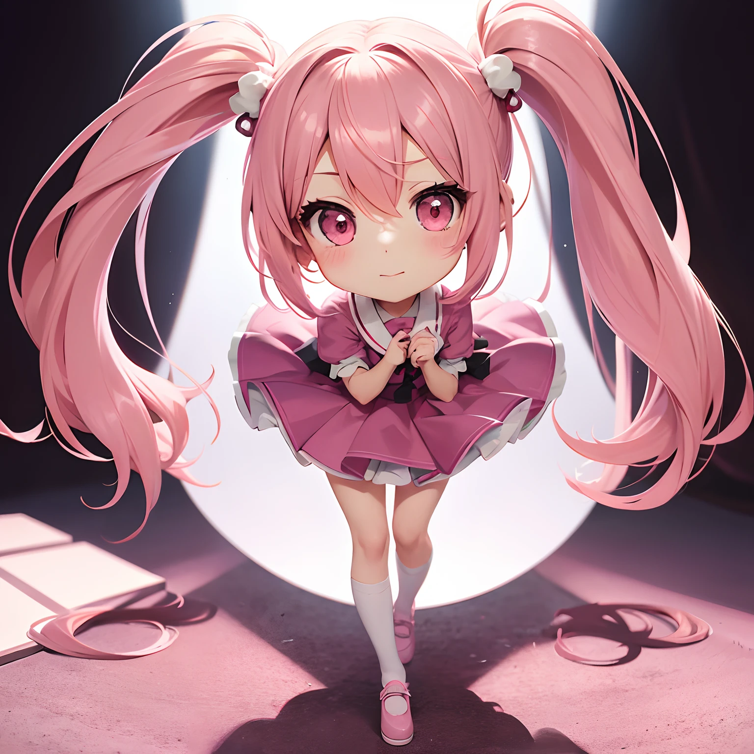 Very cute and (Beautiful Chibi Anime Girl), Solo, Simple background, Beautiful twin tails*Pink* hair, Beautiful detailed *Pink* High School Uniform, Full body, Standing, high detailed face and *Pink* Eyes, Clearly outlined