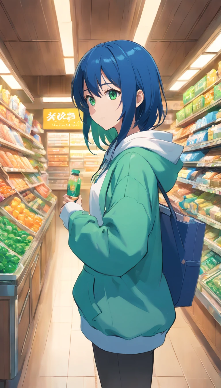 1 girl, Family Mart theme, Family Mart style, Blue long hair, White hoodie, Green eyes