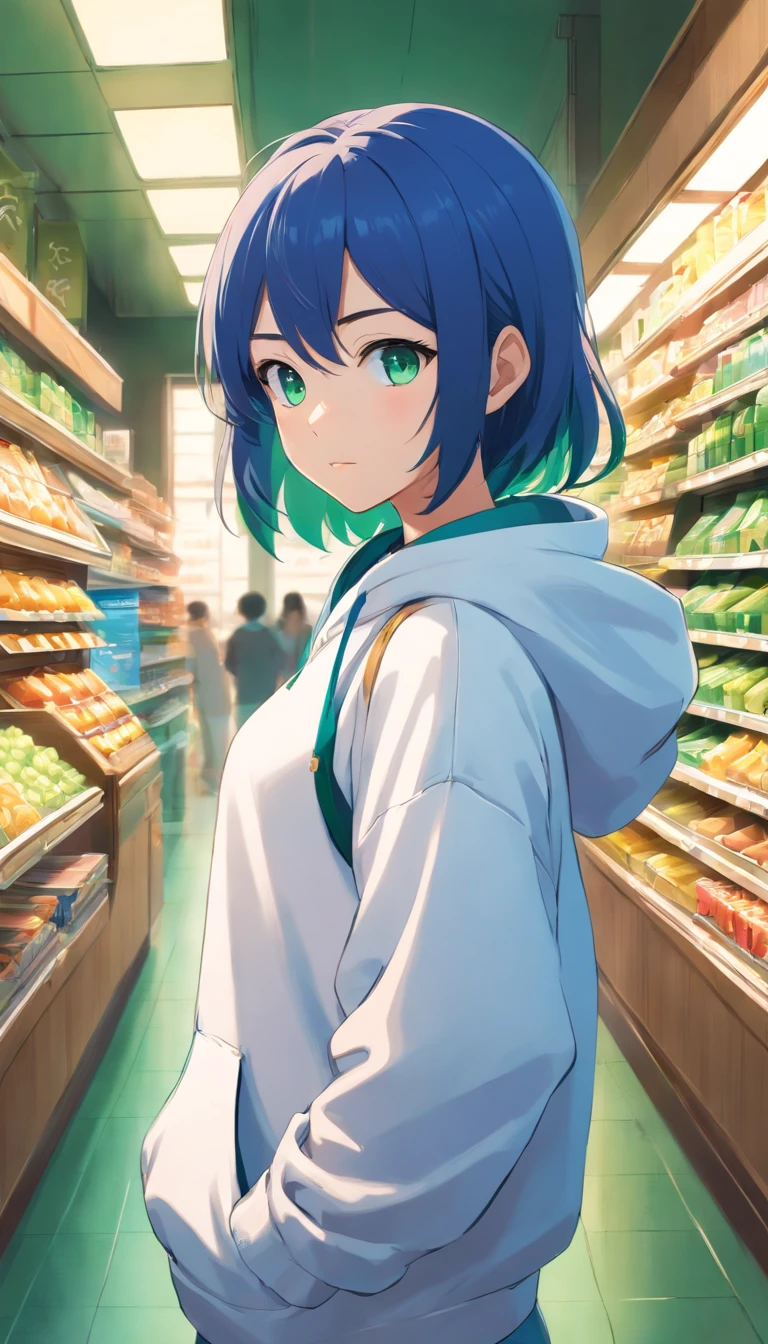 1 girl, Family Mart theme, Family Mart style, Blue long hair, White hoodie, Green eyes