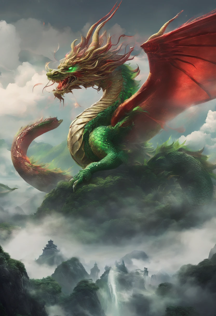 China-style，Chinese mythology，Chinese Green Dragon，tosen，Ferocious，gargantuan，The eyes glow red，Glow effects，surrounded by cloud，Thick clouds，buliding，中景 the scene is，Full body like， highly detailed surreal vfx，oc rendered，