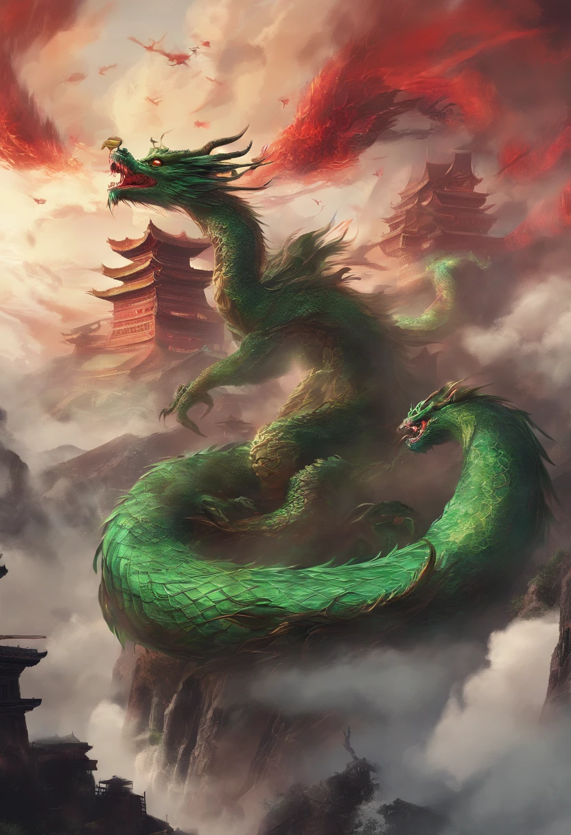 China-style，Chinese mythology，Chinese Green Dragon，tosen，Ferocious，gargantuan，The eyes glow red，Glow effects，surrounded by cloud，Thick clouds，buliding，中景 the scene is，Full body like， highly detailed surreal vfx，oc rendered，