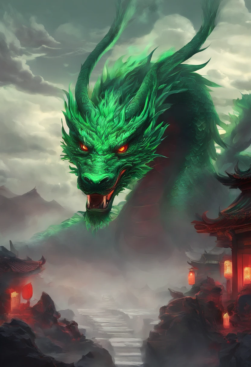 China-style,Chinese mythology,Chinese Green Dragon,tosen,Ferocious,gargantuan,The eyes glow red,Glow effects,surrounded by cloud,Thick clouds,buliding,中景 the scene is,Full body like, highly detailed surreal vfx,oc rendered,