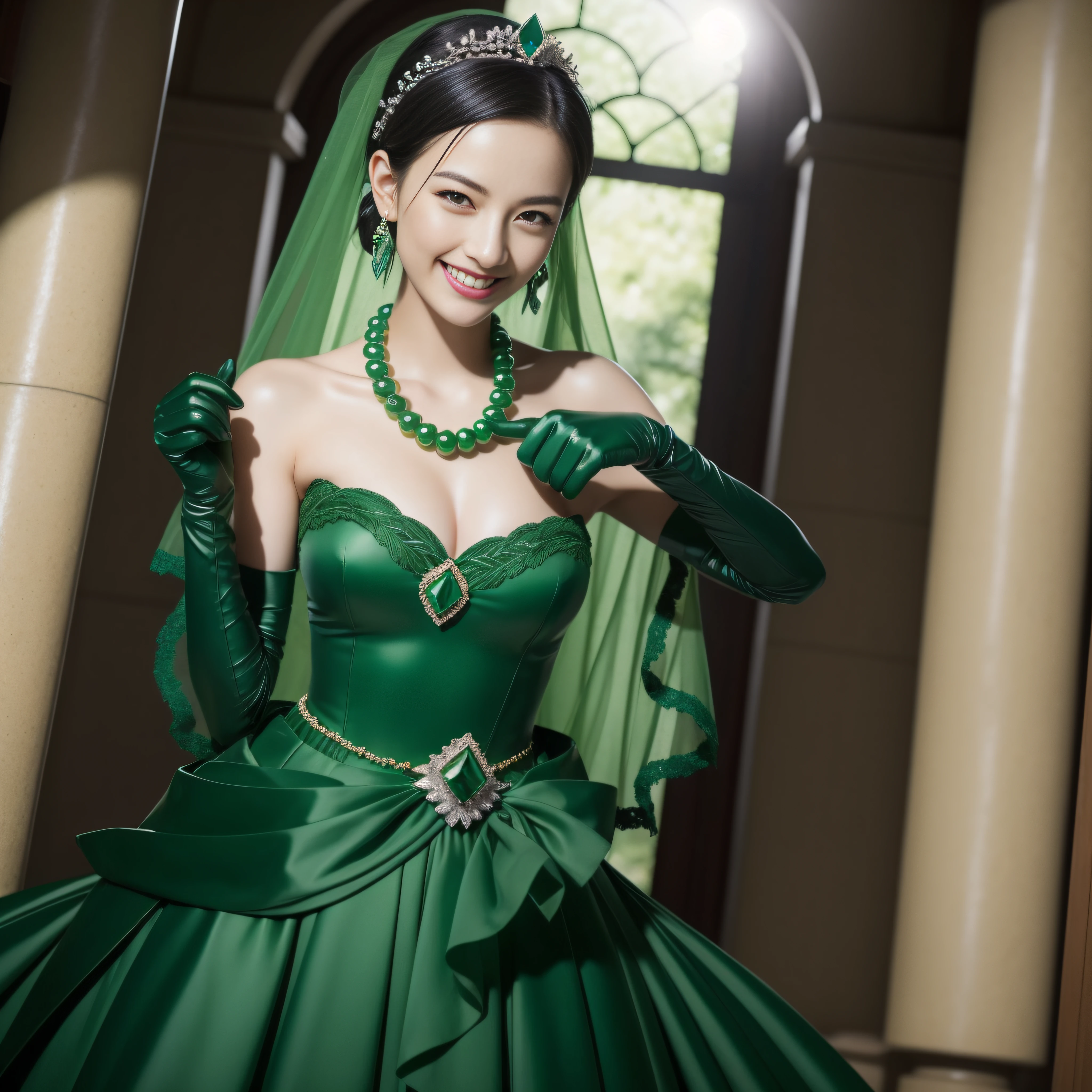 Boyish very short black hair, lipsticks, Japan woman smiling, Green Long Grove, Emerald Tia boyish very short black hair, lipsticks, Japan woman smiling, Satin green long gloves, Green Pearl Necklace, Long green gloves made of satin material, big breasts beautiful, Green Bridal Veil, Green eyes, Emerald Earrings,emerald tiara, verd s eyes, Green eyes