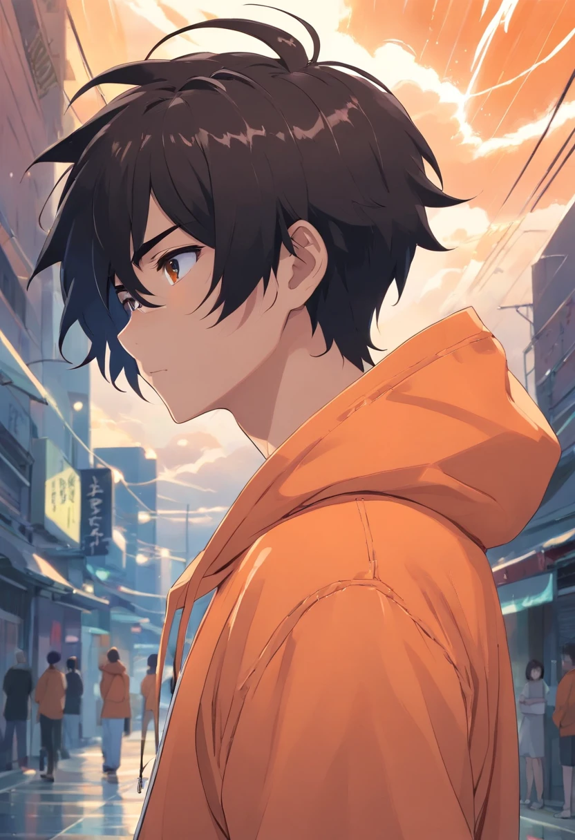 1 guy, black hair slightly curled, oversized orange hoodie, pale white skin, hot, cool, storm behind