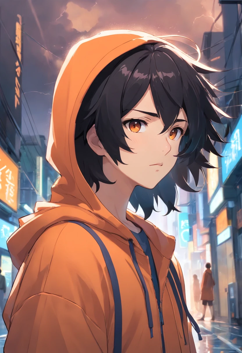 1 guy, black hair slightly curled, oversized orange hoodie, pale white skin, hot, cool, storm behind