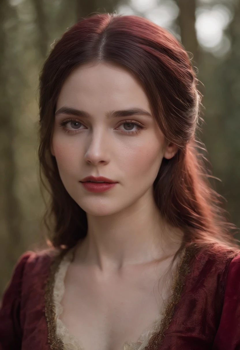 (((A deep red wound streaked across her left cheek))) Fair complexion, A woman around 19 years old, Natural brunette hair, Unique black eyes, Wear Cole, Slender and graceful, Beautiful, Candlelight in a medieval setting, super sharp focus, realistic lens, Medieval women's clothing, Four colors (Scar:1.4)