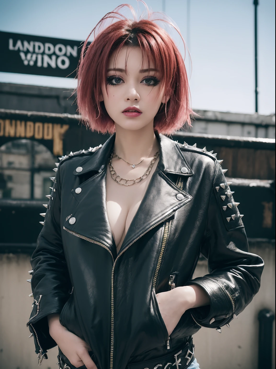 the Extremely Detailed CG Unity 8K Wallpapers、top-quality、ultra-detailliert、masterpiece、studio shoot、Full body portrait、(London punk fashion of the 90s:1.4), Spiked Leather Jacket、realisitic、Behind the photo、large full breasts、realisitic、Photo Real、extremely detailed cute girl、独奏、、Melancholy look, (Against the backdrop of London's Camden Town:1.4),Hairstyle Random, out of focus、blur、