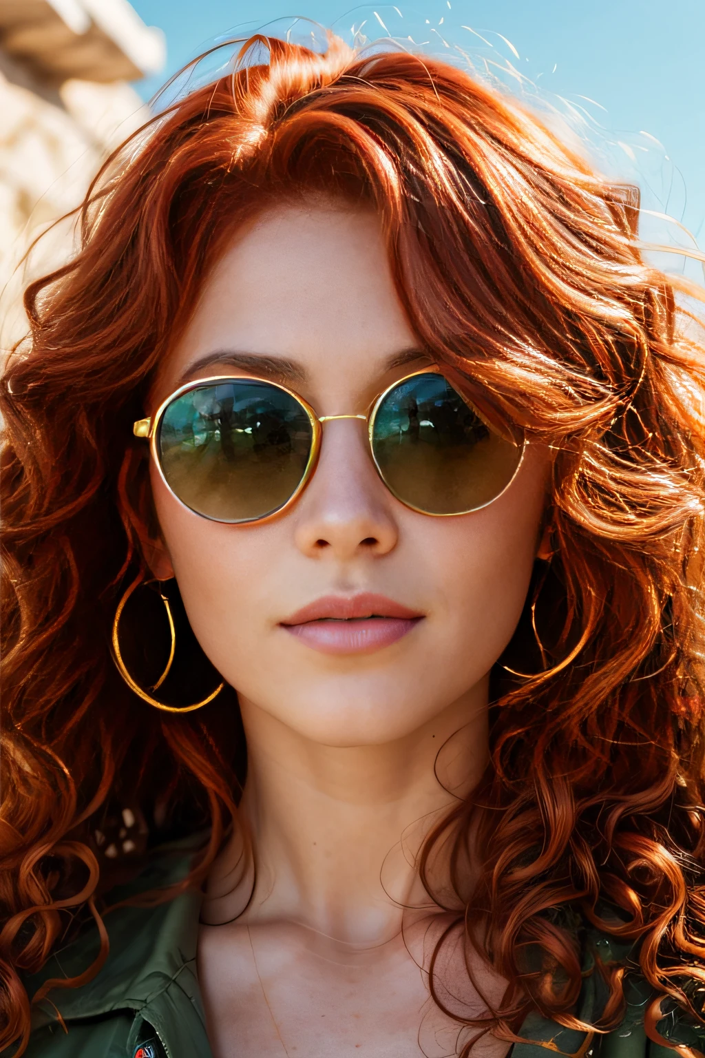 Hyper-realistic close-up portrait of a gorgeous hippie woman, fiery red curly hair with flowers, emerald green eyes, stylish round sunglasses, perfect skin, ray of light accentuating her natural beauty.,perfecteyes,Detailedface