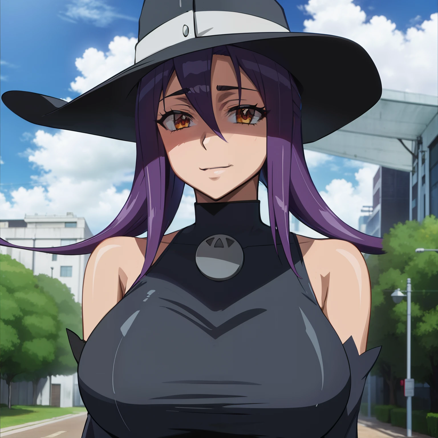 best quality, masterpiece, upper body, blair's hat, curls, black dress, detached sleeves,highschoolofthedead, smile, huge breasts, curvy,