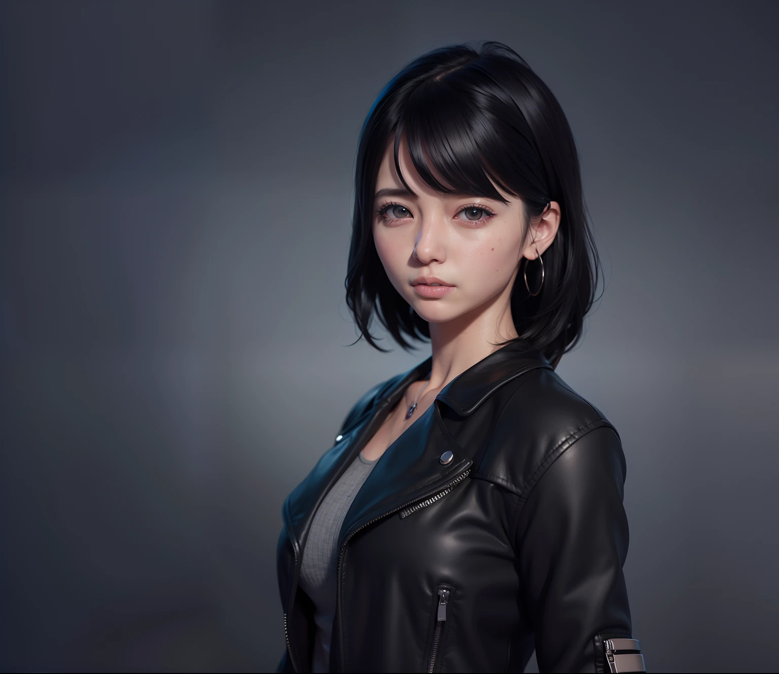 arafed image of a woman in a black leather jacket, 8k portrait render, photorealistic anime girl render, realistic anime 3 d style, render of april, 3 d anime realistic, highly detailed character, [ 4 k photorealism ]!!, realistic artstyle, female character, inspired by Sim Sa-jeong, realism artstyle