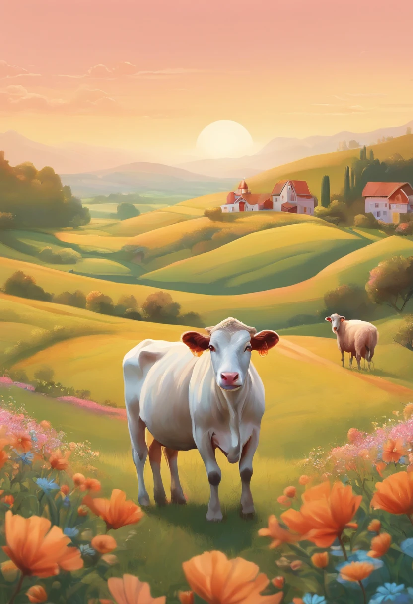 In a whimsical farmland, illustrate a cow with a sheep, peacefully grazing amid vibrant flora. Use warm pastel colors and a dreamy aesthetic.