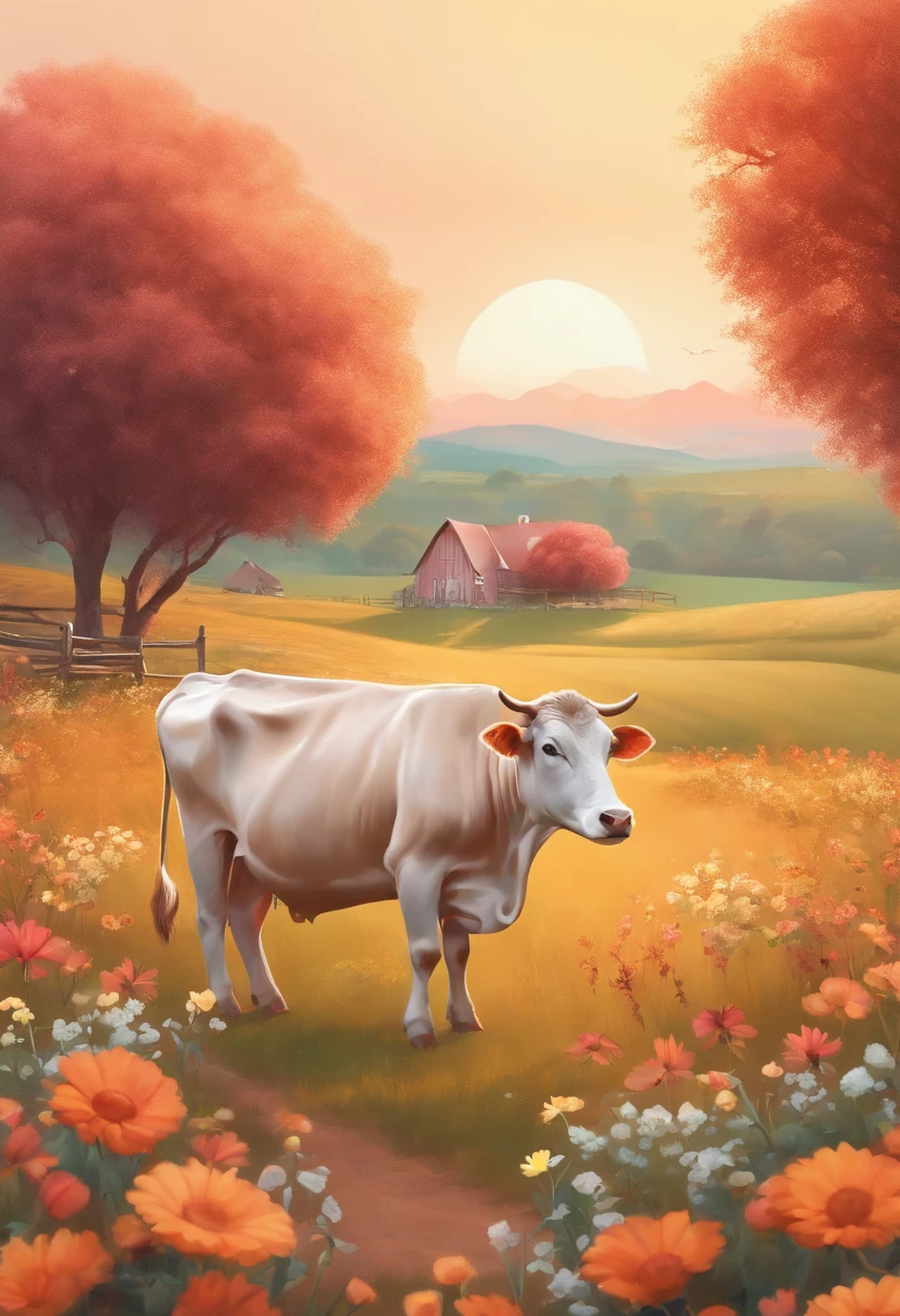 In a whimsical farmland, illustrate a cow with a sheep, peacefully grazing amid vibrant flora. Use warm pastel colors and a dreamy aesthetic.