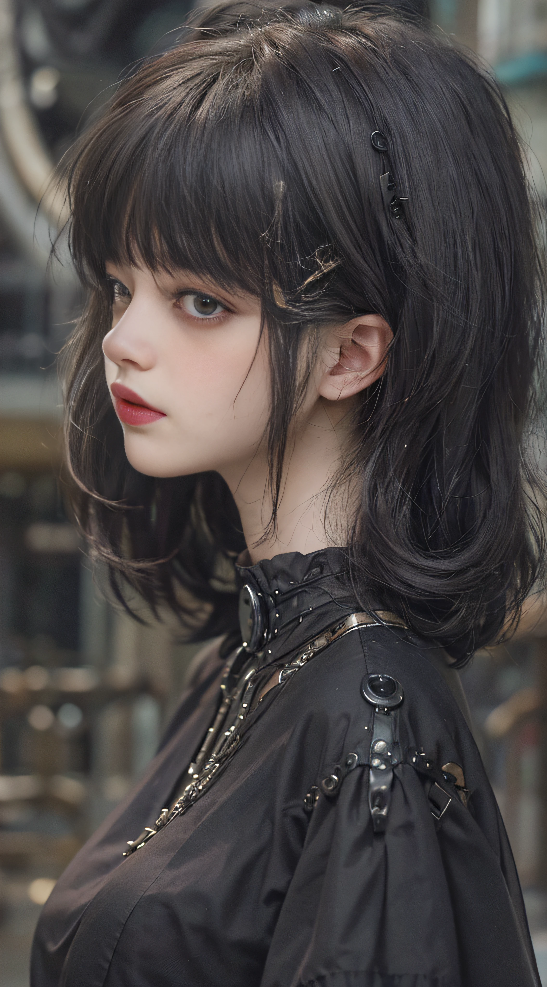(((Masterpiece, top quality, super detailed))), (((high definition face))), 14 year old female, (((short black bob, thick puffy bangs ))), (((very detailed face))), small thin nose, small thin-lipped mouth, (((very sharp focused eyes))), large slit precision pale grey eyes, sparkling like jewels, ((Very intricate mechanical steampunk fashion, Off-shoulder gothic lolita fashion)), (((overall accuracy has improved dramatically, creating a super detailed and realistic image))),