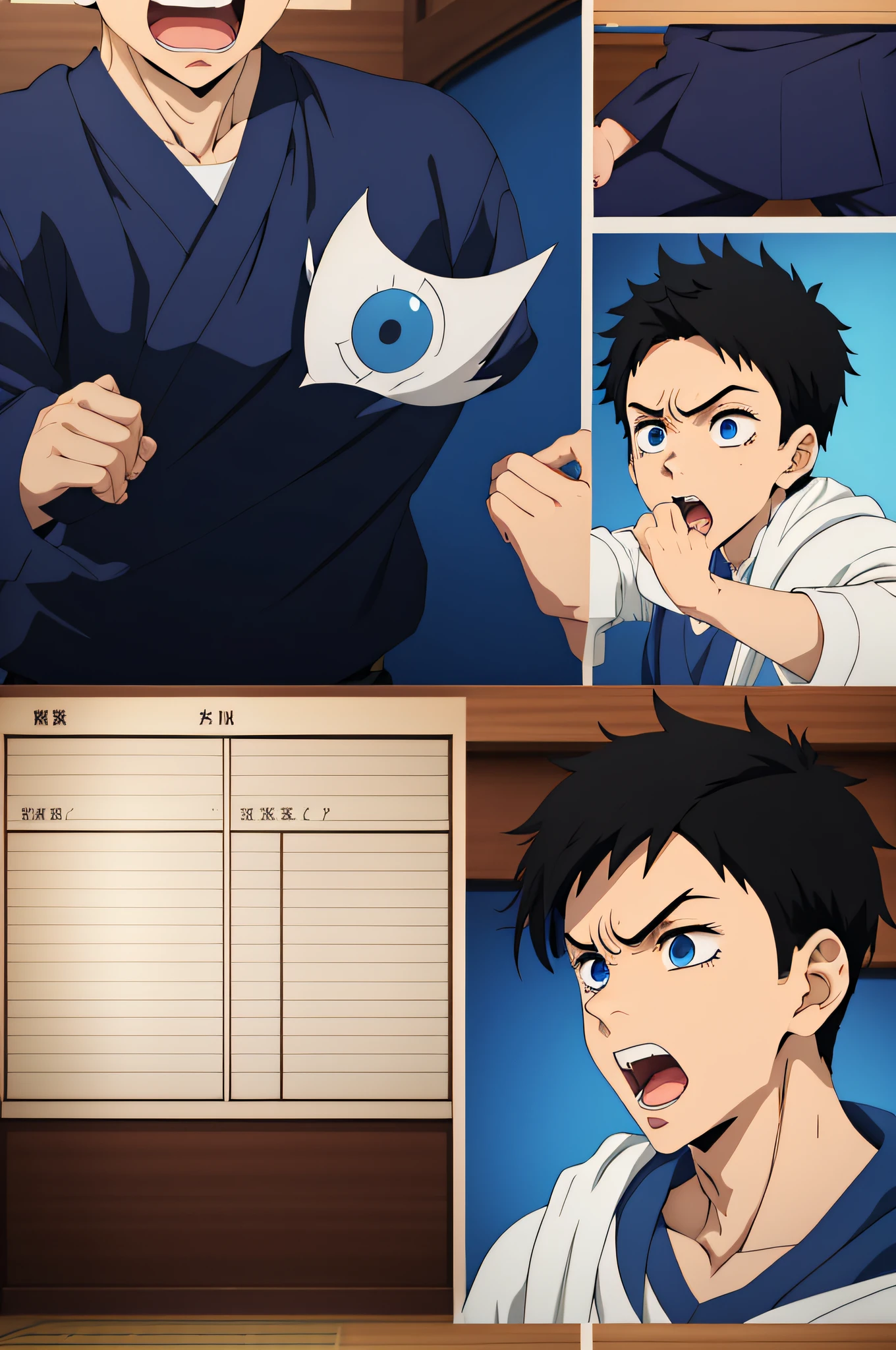 boy, ager, anime, with short dark hair, blue eyes, young age, character sheet, different poses,
furious, screaming