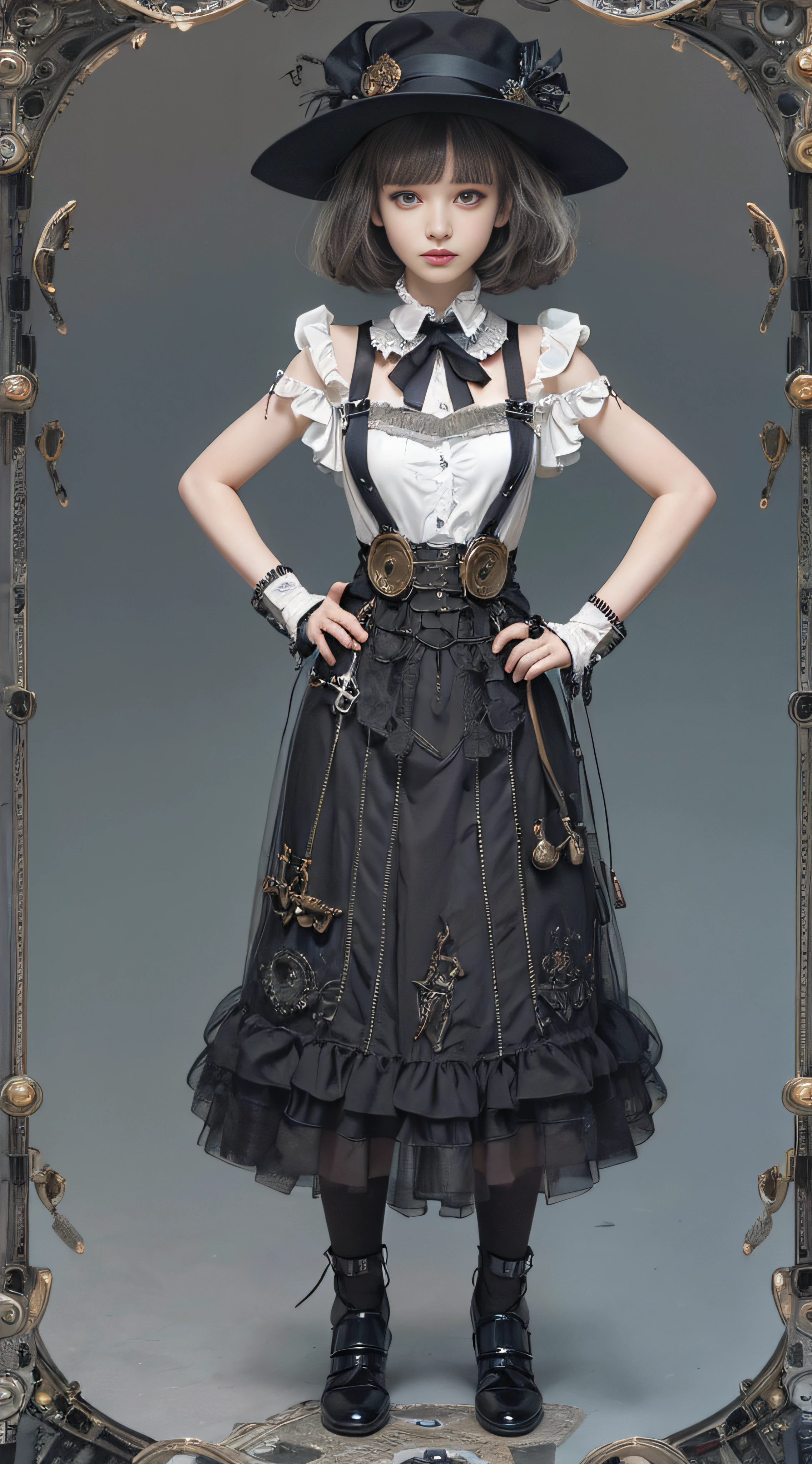 (((Masterpiece, top quality, super detailed))), (((high definition face))), female, (((short black bob, thick puffy bangs ))), (((very detailed face))), small thin nose, small thin-lipped mouth, (((very sharp focused eyes))), large slit precision pale grey eyes, sparkling like jewels, ((Very intricate mechanical steampunk fashion, Off-shoulder gothic lolita fashion)), (((overall accuracy has improved dramatically, creating a super detailed and realistic image))),