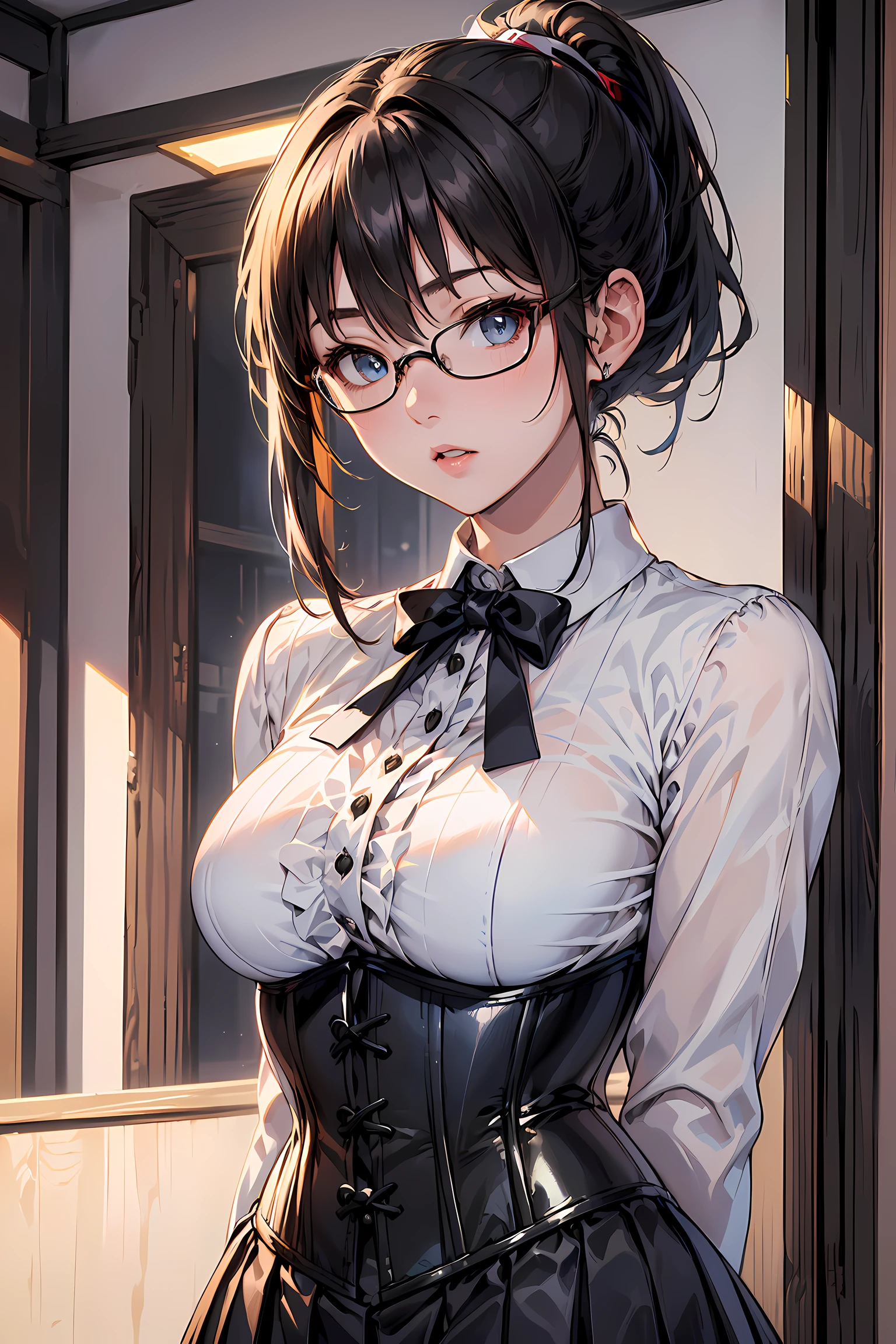 (64k, RAW photo, highres, best quality, masterpiece:2.0), (ultra-fine depiction of the detail:2.0), (realistic, beautiful, photo-realistic:1.3), 1girl, (yuri alpha), (long black hair, slightly messy), (single braid bun), (shiny black hair, blue-gray eyes),(cool glasses), (gothic style vivid blue choker), (blue bowtie and ribbon) (simple but high-quality maid dress), (elaborately designed, vivid dark emerald green, spiked gantlets), (solemn maid dress with gothic style coreset), (huge breasts, sexy cleavage), (elegant and handsome woman), (shiny skin, pink lips), (looking at the viewer), (closed mouth, a faint smile), (in a study room, filled with solemn atmosphere), (highly sophisticated professional HDR, with effective ambient occlusion, perfectly optimized effective spot light and front light:1.8), (perfect, natural, harmonious composition), (photo-realistic, ultra-detailed:1.5), ((portrait:1.6))