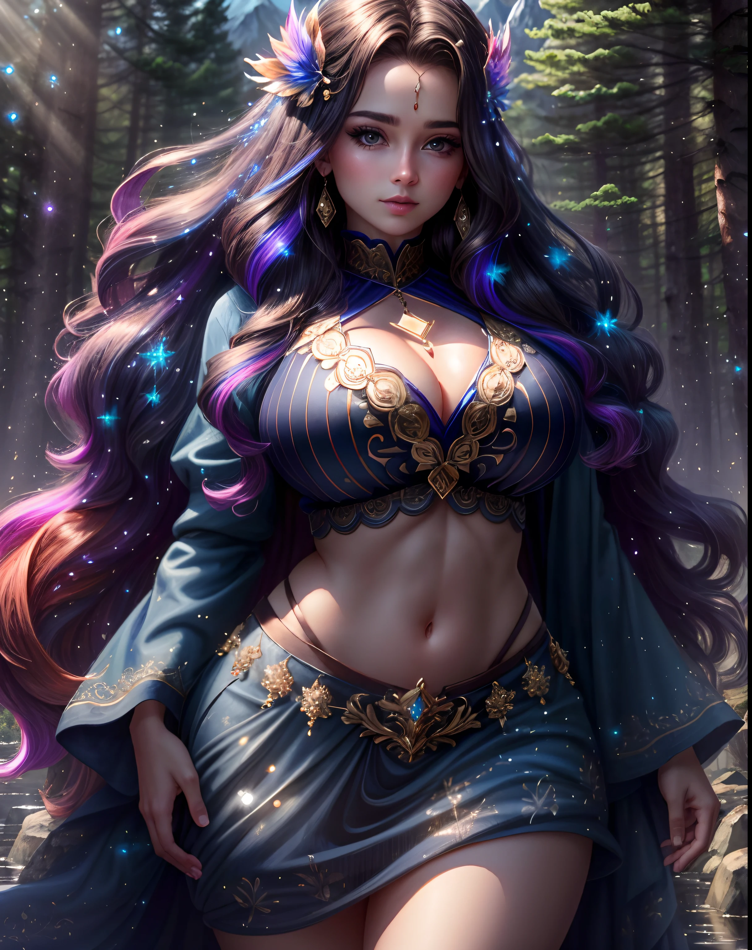 (3d), night, 3/4 shot, ((Cinematic lighting, ethereal lighting coming from sky)) , night, shadows, beautiful girl , busty, thick thighs, curvy, narrow waist, wearing intricate detailed clothes with (criss cross),( navel), mid riff, and shirt, standing in a puddle, ripples, gigantic boobs, particles, particle effect , looking at the viewer, Cleavage , (big beautiful eyes), hyper detailed, small pendant, jewellery, (glitter particles), ((light particles)), ((intricate light and shadows effect)), (highly detailed), extra long cascading hair , colourful hair, (big breasts), ,, mountain, rocks, (((colourful trees)))