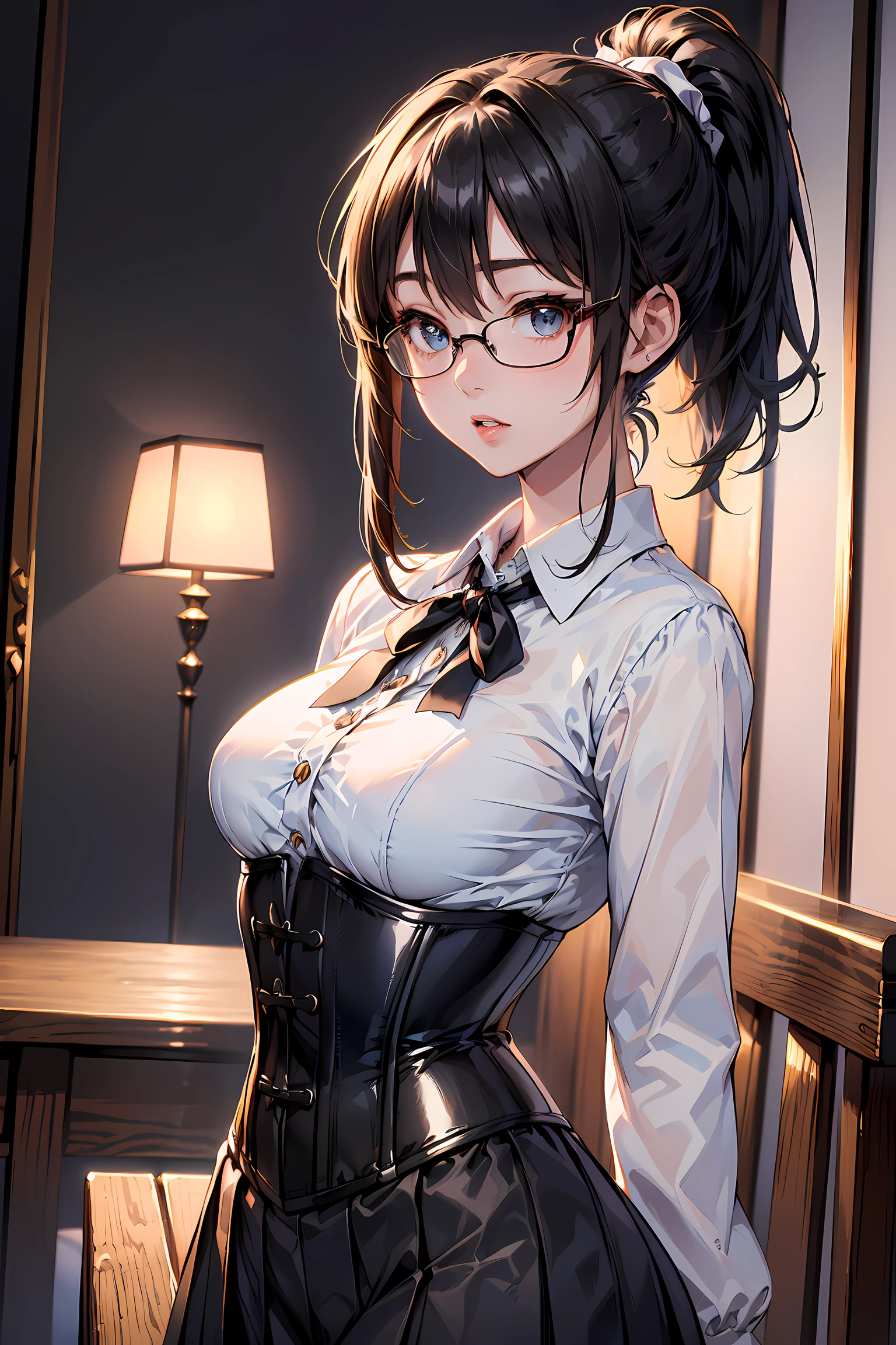 Masterpiece, Beautiful art, professional artist, 8k, Very detailed face, Detailed clothing, detailed fabric, 1 girl, whole body, View from the front, distant view, standing, pose sexy, BIG BREASTS, whole body perfectamente dibujado, shy expression, pale skin, beautiful face, long dark brown hair, 4k eyes, very detailed eyes, black eyes, pink cheeks, glasses, choker:1.6, (white long sleeve button down shirt with white collar), black gloves, gloves that cover hands, (black leather corset). (shiny black tight mini skirt), Sensual Lips, show details in the eyes, Elegant living room, At night