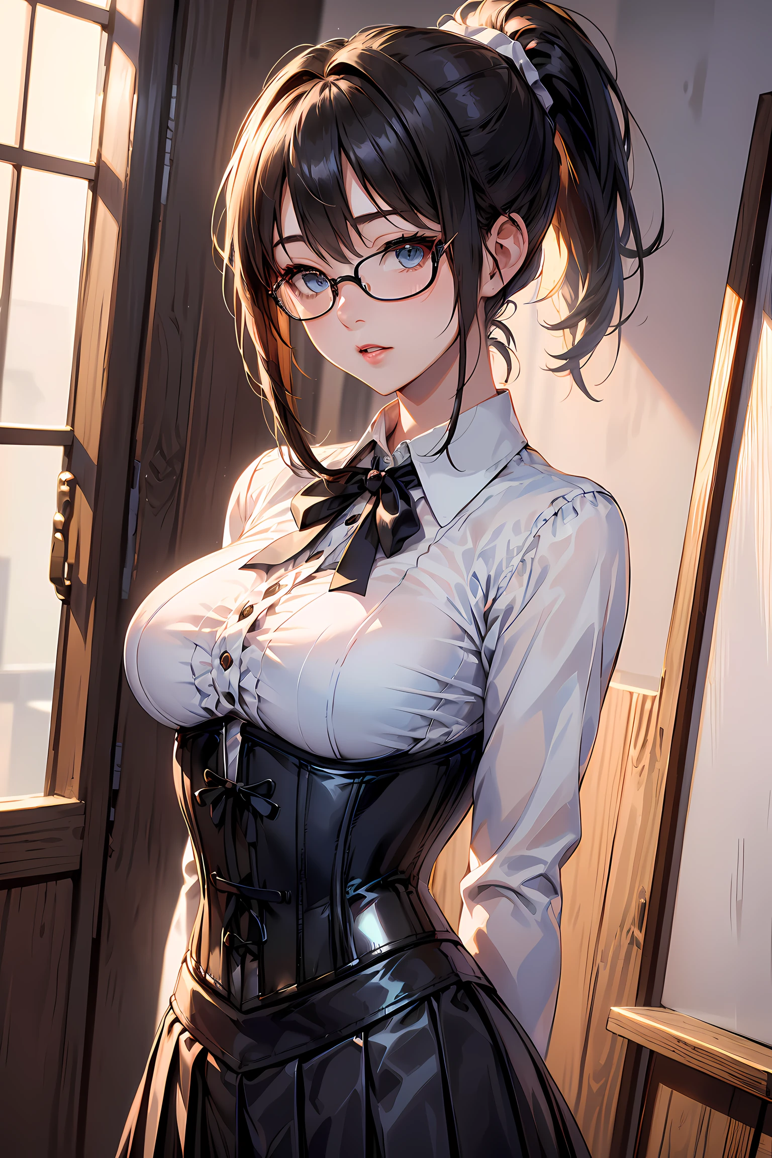 good teacher, Superior image quality, High resolution, 4k image,photo and gross, photorealistic, whole body, 1 woman, mature woman, standing, {{{vagina}}}, beautiful face, Long wavy black hair, blue eyes, very detailed eyes, serious expression, Glasses, choker:1.6, (white long sleeve button down shirt with white collar), black gloves, gloves that cover hands, holding a spear in his hand, (black leather corset), (shiny black leggings), Sensual Lips, show details in the eyes, View from the front, looking at the viewer, Dark forest, fog, at night