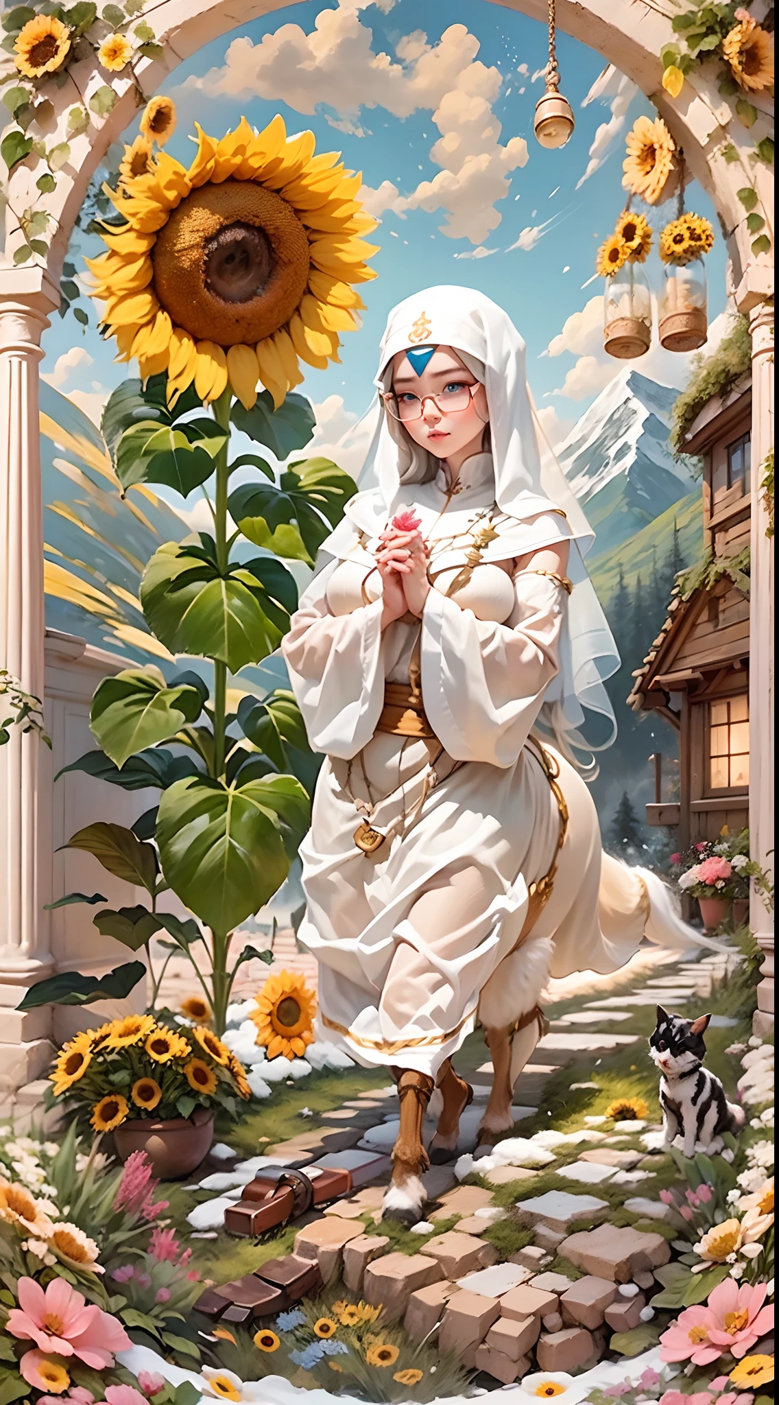 In a very grand scene，The extra-large wide-angle lens captures the appearance of a female centaur。She is a Sunflower Worship nun。She is tall，It has the ultimate curvy beauty，The muscles are slender and firm，Beautiful lines。She has（Super huge sky blue eyes：99.99），Always with sexy glasses。（She wears solemn nun attire：9.9），Stepping on a boot-style skyscraper-heel，A pink cross hangs from his chest。（In front of her is a knitted sunflower potted plant with a healing smile as an iconostasis：99.99）。Use Midjourney's advanced tools，Design noble and solemn nun costumes for female centaurs，and highlight her unique physiological characteristics and appearance details，Add realism。And in the context of her prayers and listening to confessions，Spectacular views of nature，Such as the sky where storms and sunny days alternate、Brilliant rivers of stars and auroras、The snow-capped summit of Mount Everest、Fireworks in the mountain town, etc。ao mesmo tempo，Away from the hustle and bustle next to the chapel，Create a fantastic scene。Use Midjourney's advanced tools and multiple color palettes、Brush Strokes、Texture tools and model packages，It shows a sense of atmosphere where beauty and charm coexist。The charm of the female centaur is highlighted through color and lines，Enhance realism with detailing，Create a surreal dreamy feeling。Additionally，Use Midjourney's tools to add various exorcism props and books to the female centaur、pergaminhos，Create intricate hairstyles and outfits，Give her a sense of premium。She never flinches，No matter what monster you encounter，can respond quickly，Even the most extreme armies of natural disasters and monsters could not stop her and her front（The only sunflower in the picture with the Tyndall effect exuding sunlight：999.9）。Use Midjourney's powerful tools，You can do it with incredible detail and beauty，Bring this ultra-grand and beautiful scene to life。Ultra-grand scenes，super wide shot， hdr，（真实感，Masterpiece quality，best qualtiy），