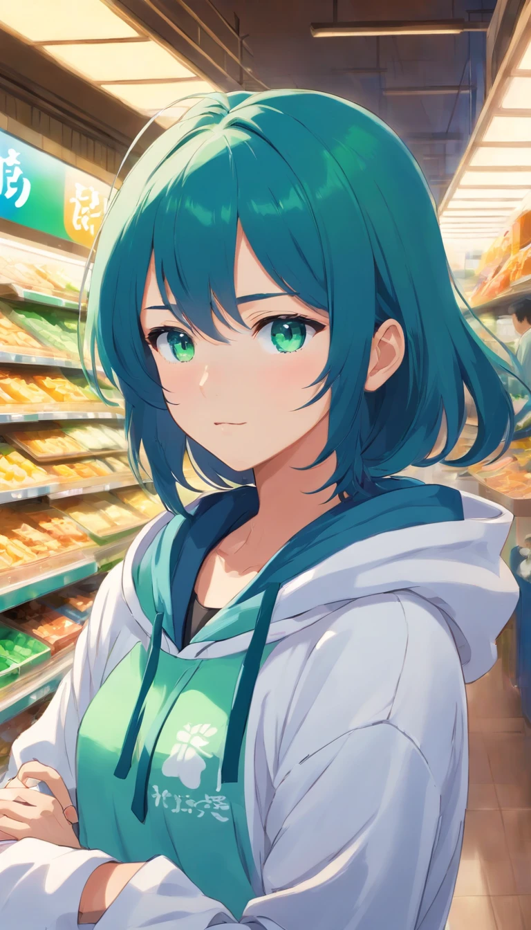 1 girl, Family Mart theme, Family Mart style, Blue long hair, White hoodie, Green eyes