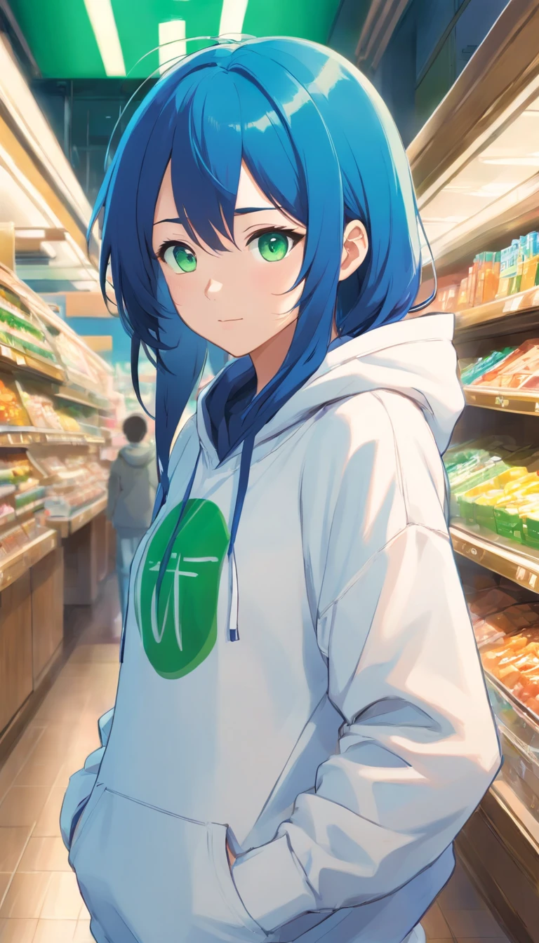 1 girl, Family Mart theme, Family Mart style, Blue long hair, White hoodie, Green eyes