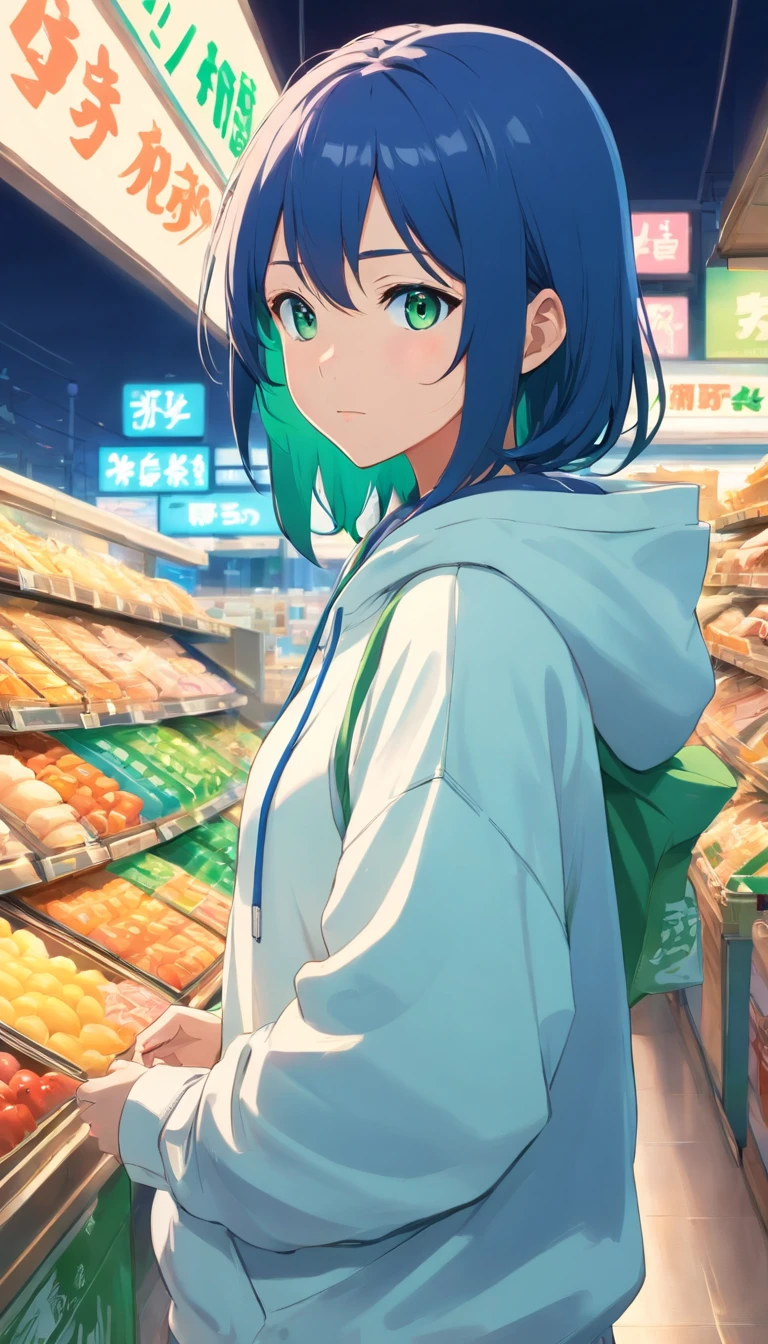 1 girl, Family Mart theme, Family Mart style, Blue long hair, White hoodie, Green eyes
